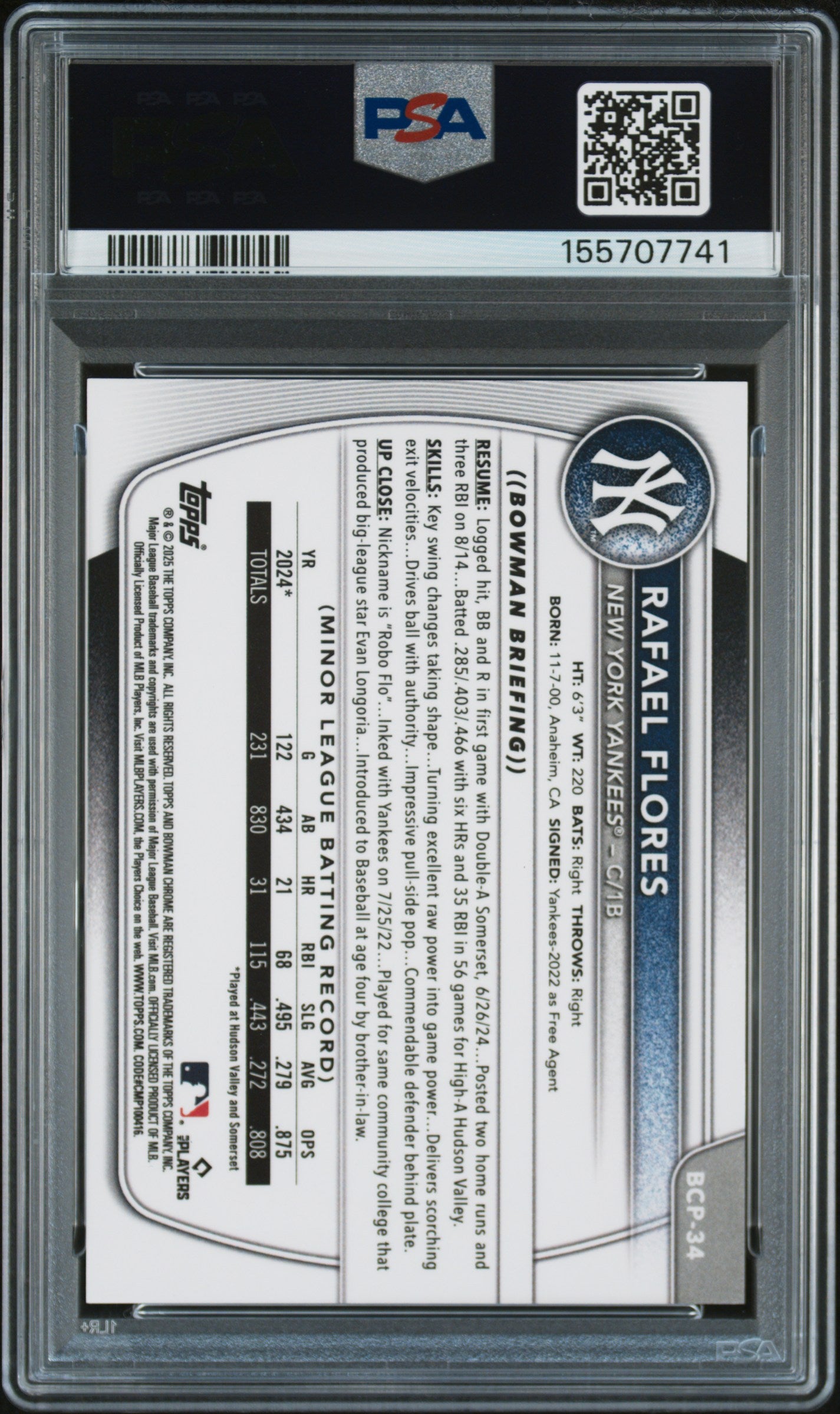 2025 Bowman Chrome Prospects Rafael Flores #BCP34 Gold Shimmer PSA 9
