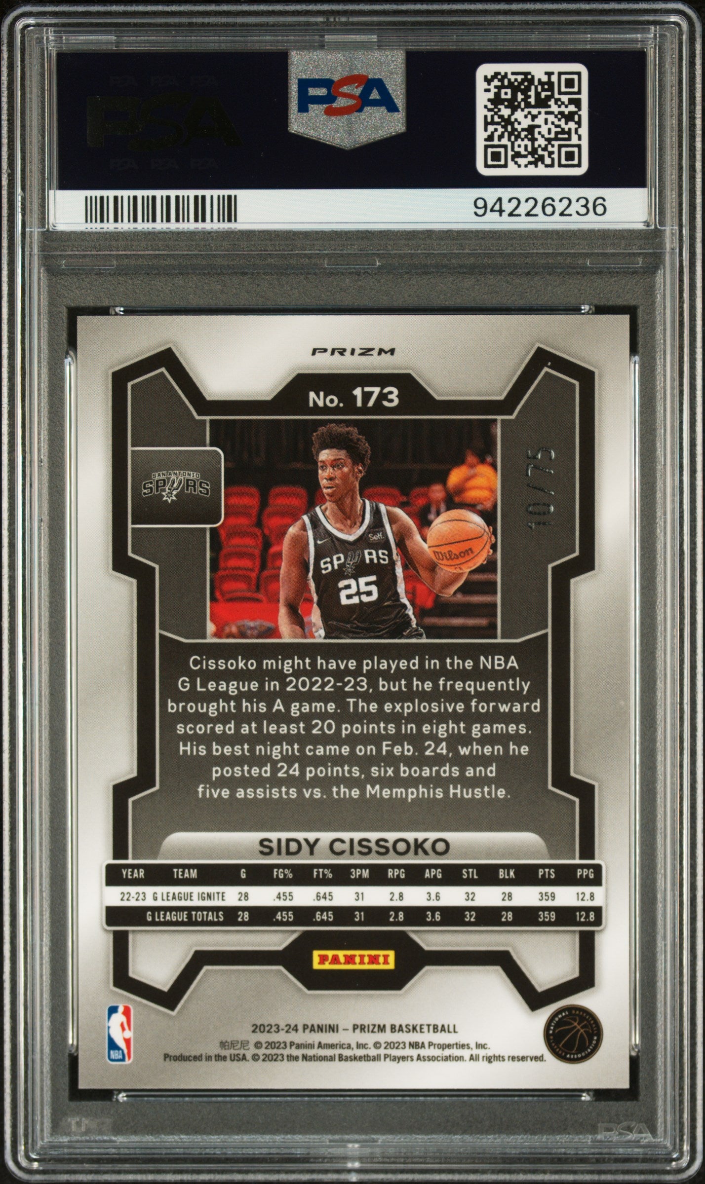 2023 Panini Prizm Sidy Cissoko #173 Purple Fast Break /75 PSA 10