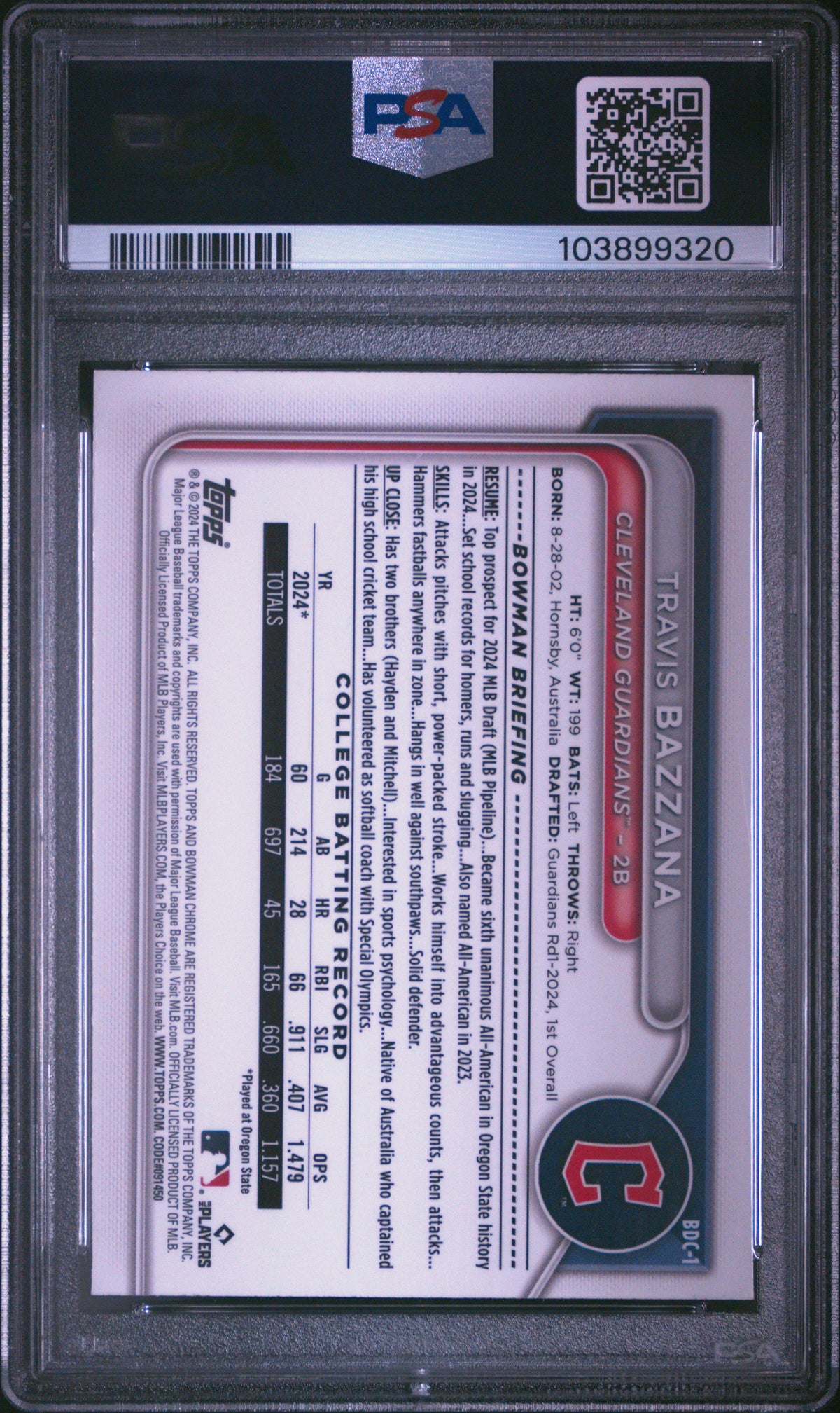 2024 Bowman Draft Travis Bazzana #BDC1 Chrome Sky Blue Refractor PSA 9