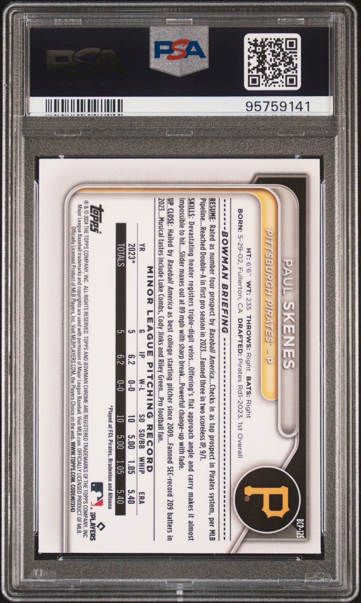 2024 Bowman Sapphire Edition Chrome Prospects Paul Skenes #BCP125 PSA 9
