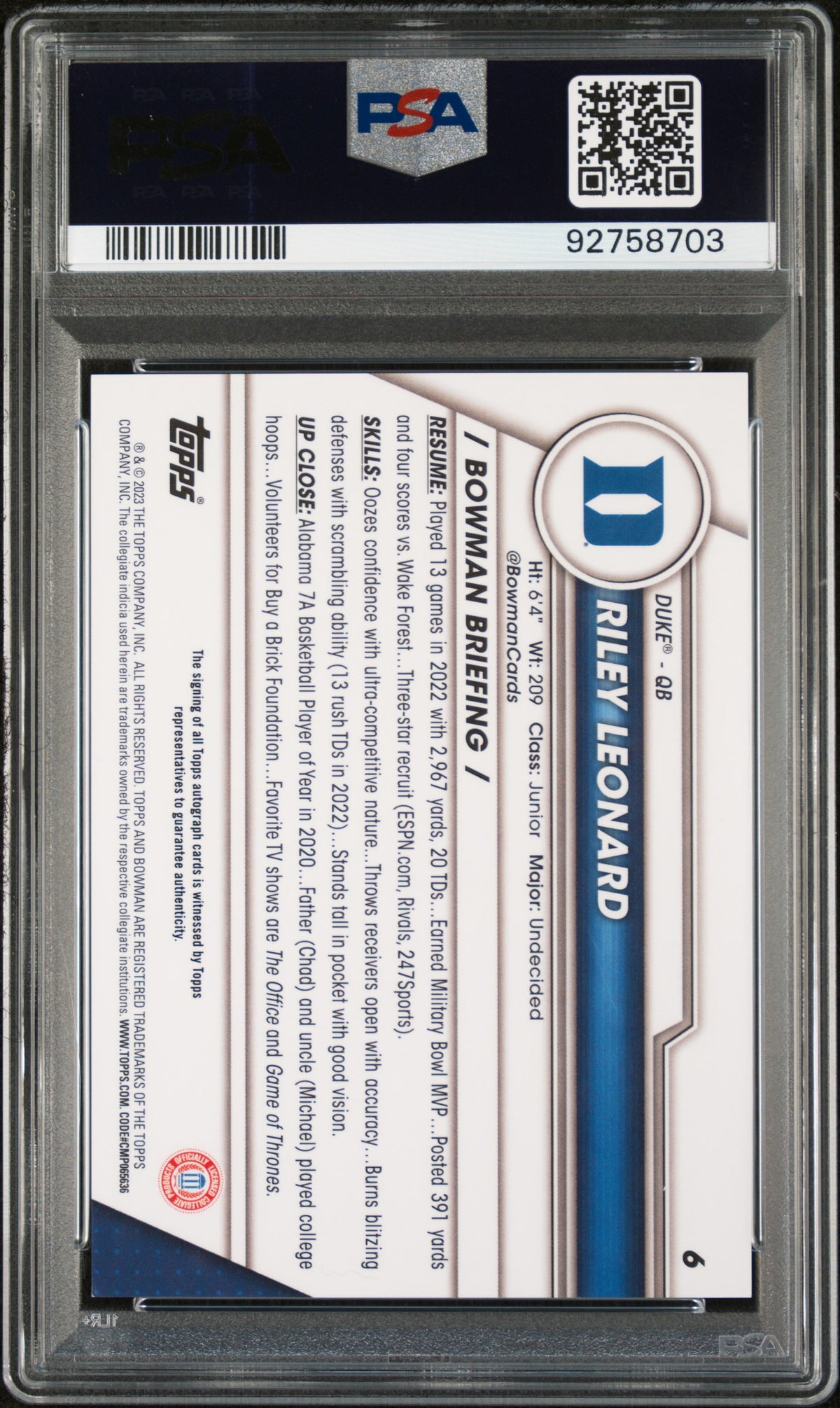 2023 Bowman University Chrome Riley Leonard #6 Autograph PSA 10