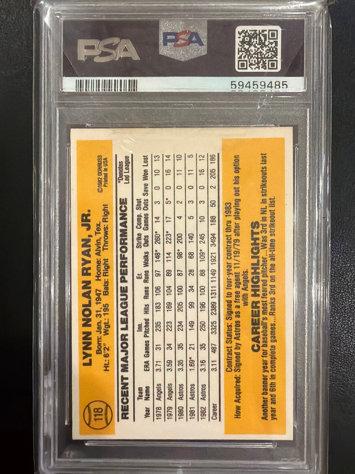 1983 Donruss Nolan Ryan #118 PSA 8