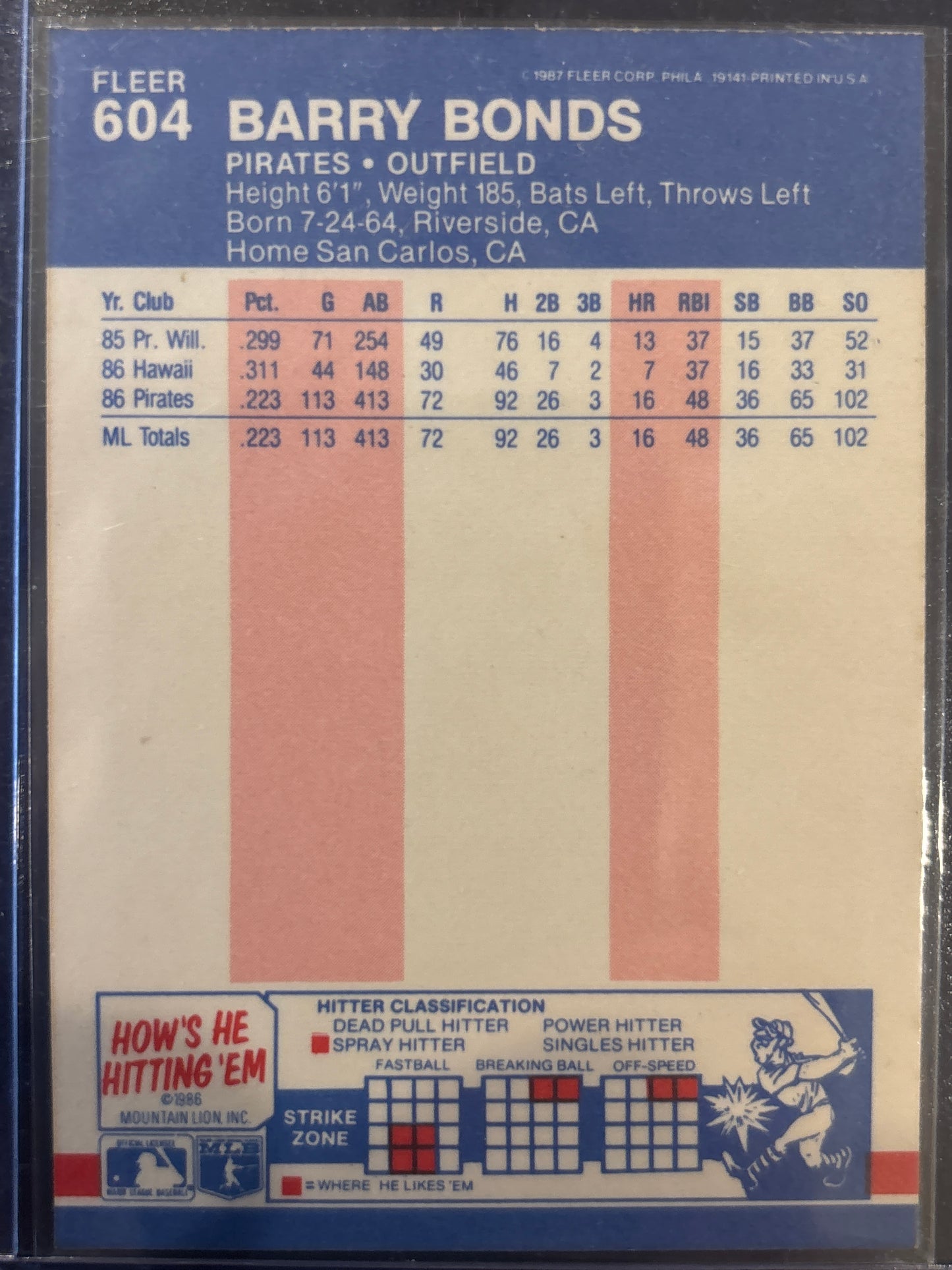 1986 Fleer Barry Bonds #604