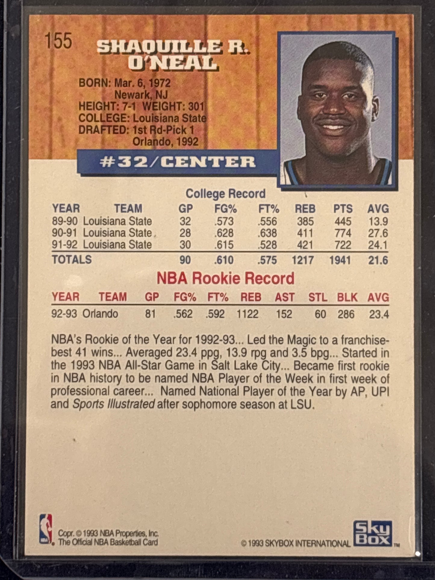 1993 SkyBox NBA Hoops Shaquille O'Neal #155