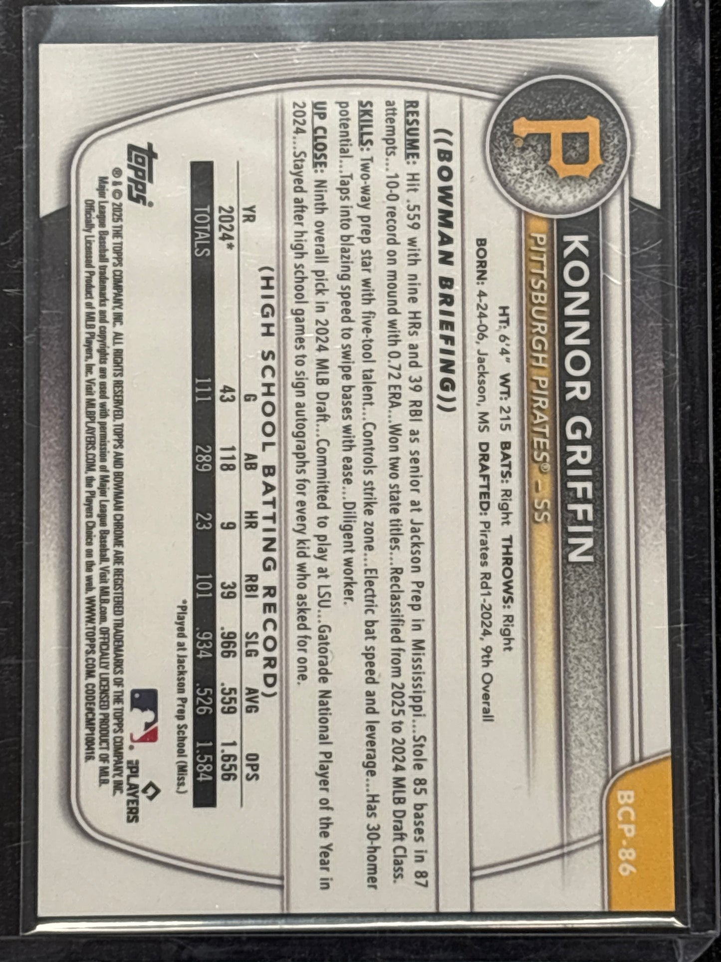 2025 Bowman Chrome Konnor Griffin #BCP-86 Yellow Refractor