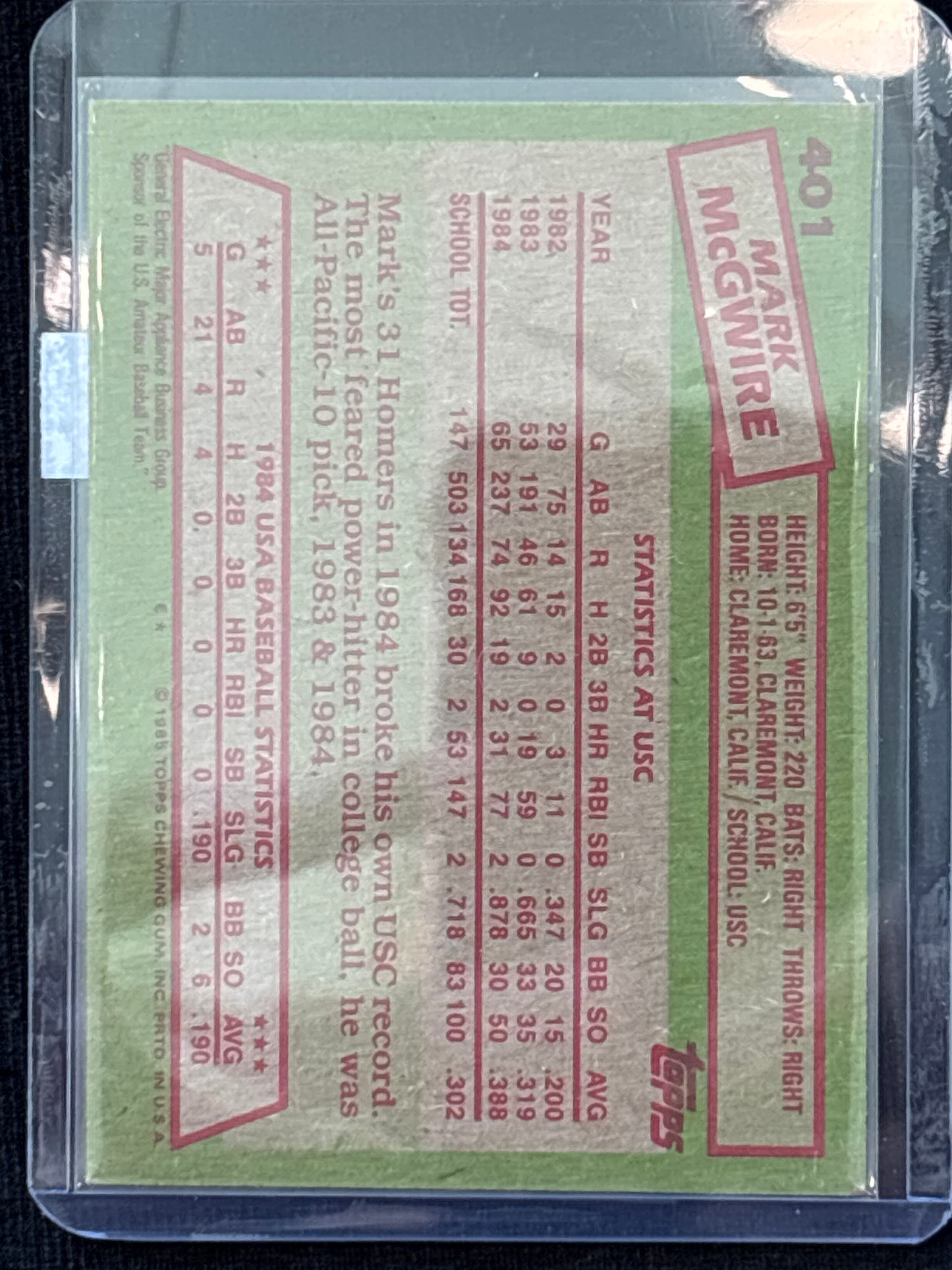 1985 Topps Mark McGwire #401 Rookie