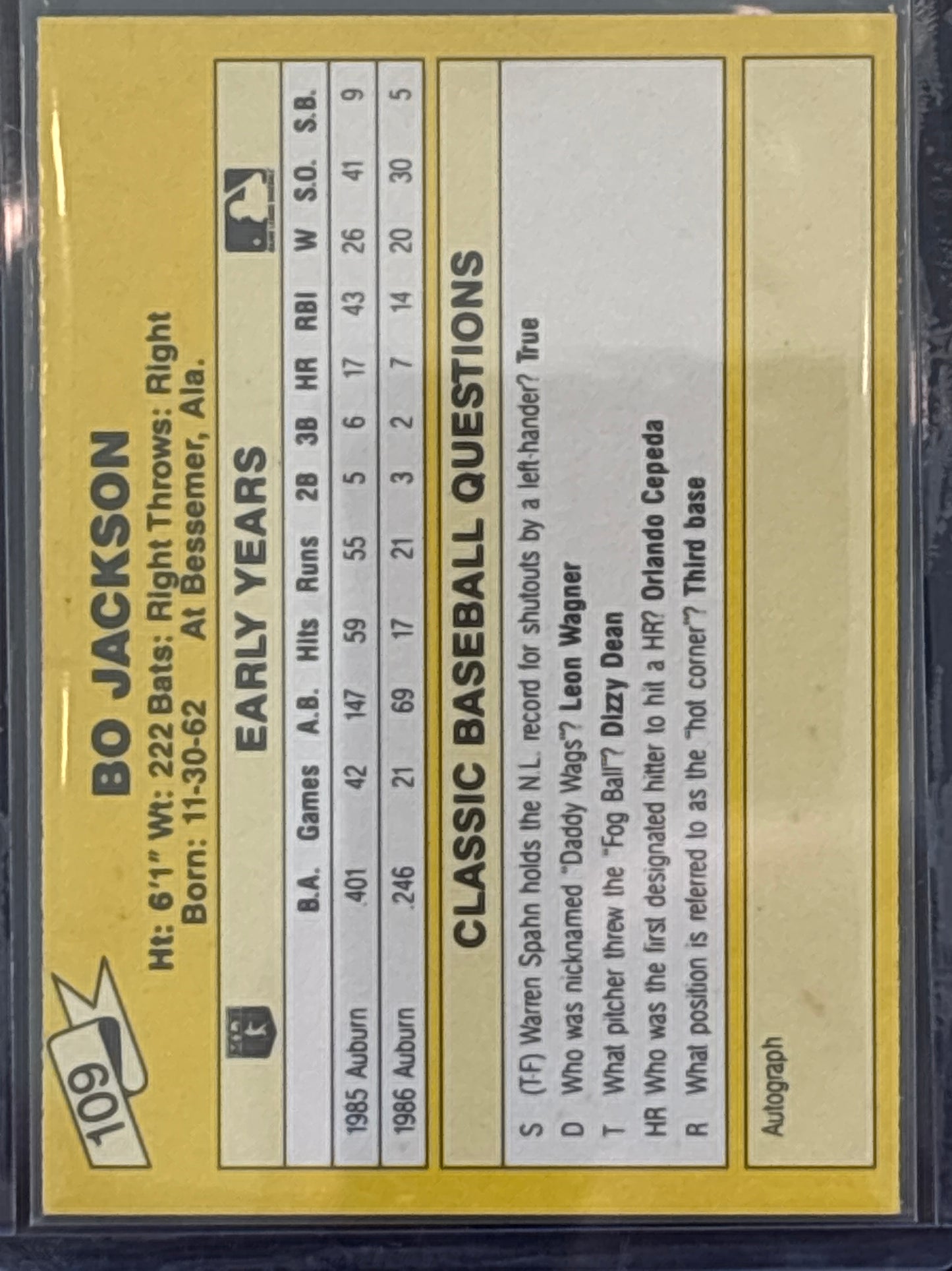 1985 Classic Baseball Bo Jackson #109 HOF Mint Rookie