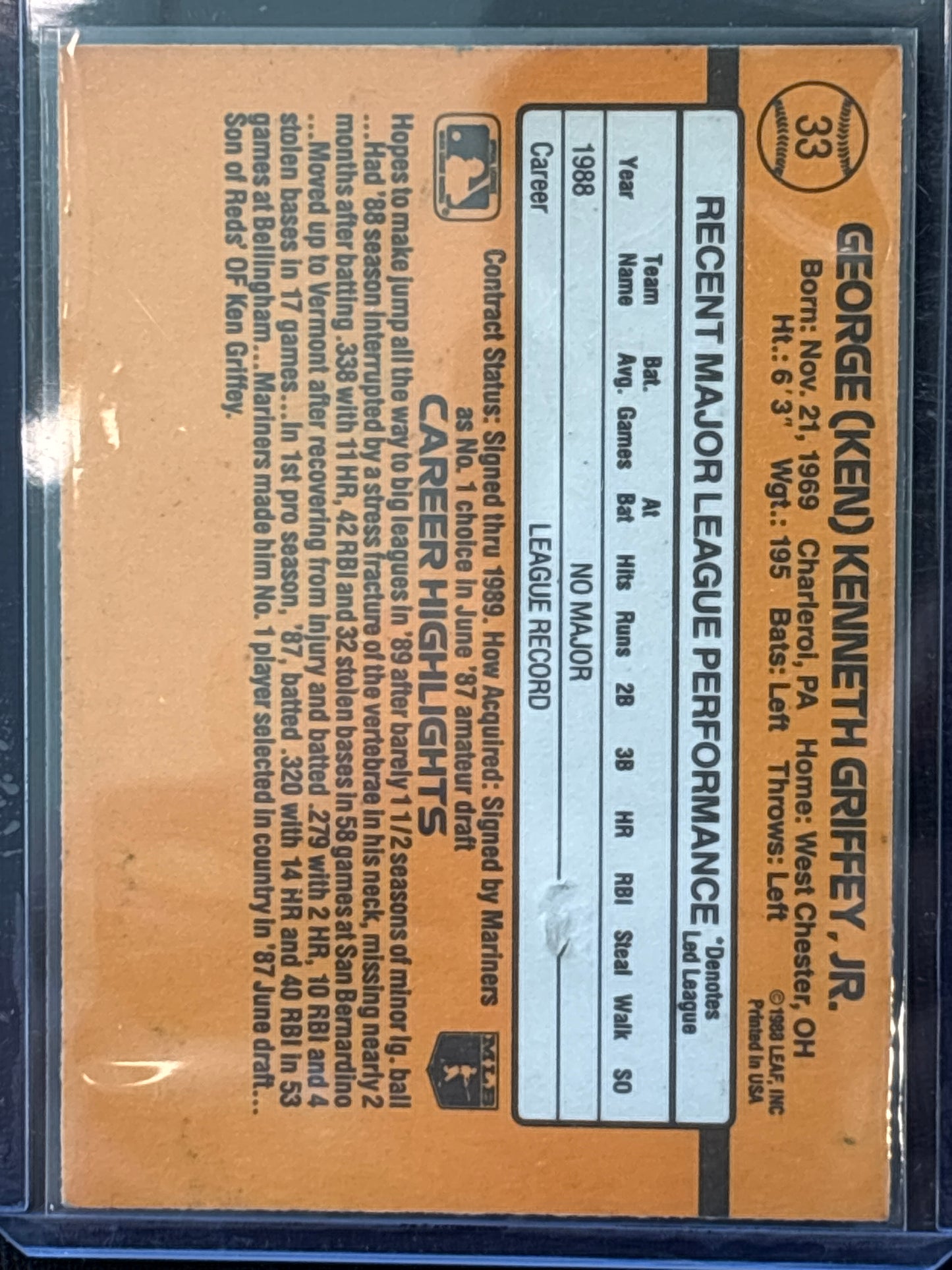 1988 Donruss Ken Griffey Jr. #33 HOF Rookie 1/2
