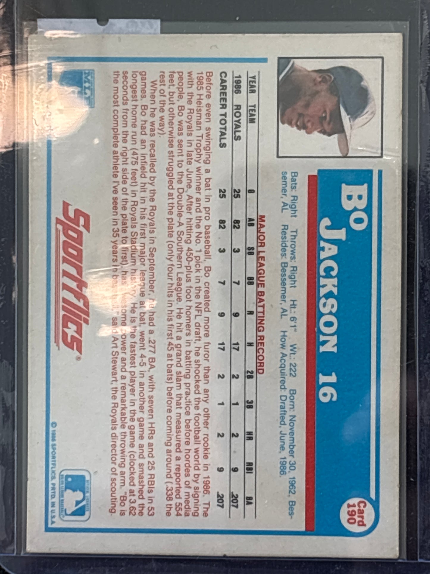 1986. Sportflics Bo Jackson #16 HOF Low Pop