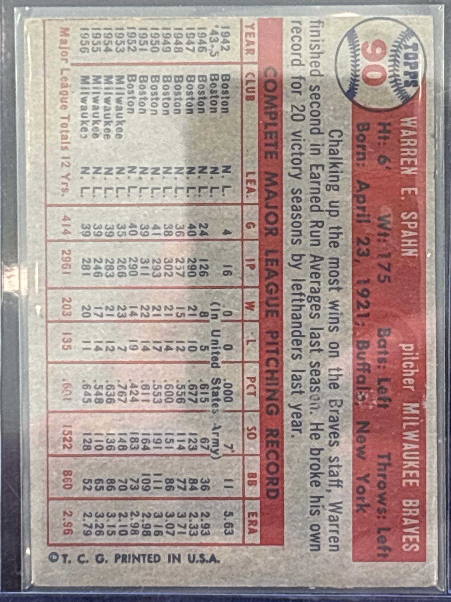 1951 Topps Warren Spahn #90 HOF