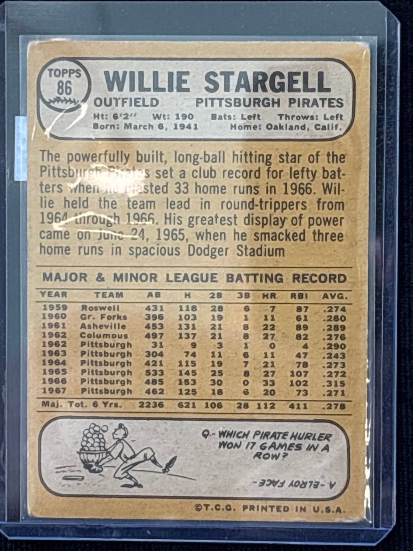 1959 1965 Topps Willie Stargell #86 HOF
