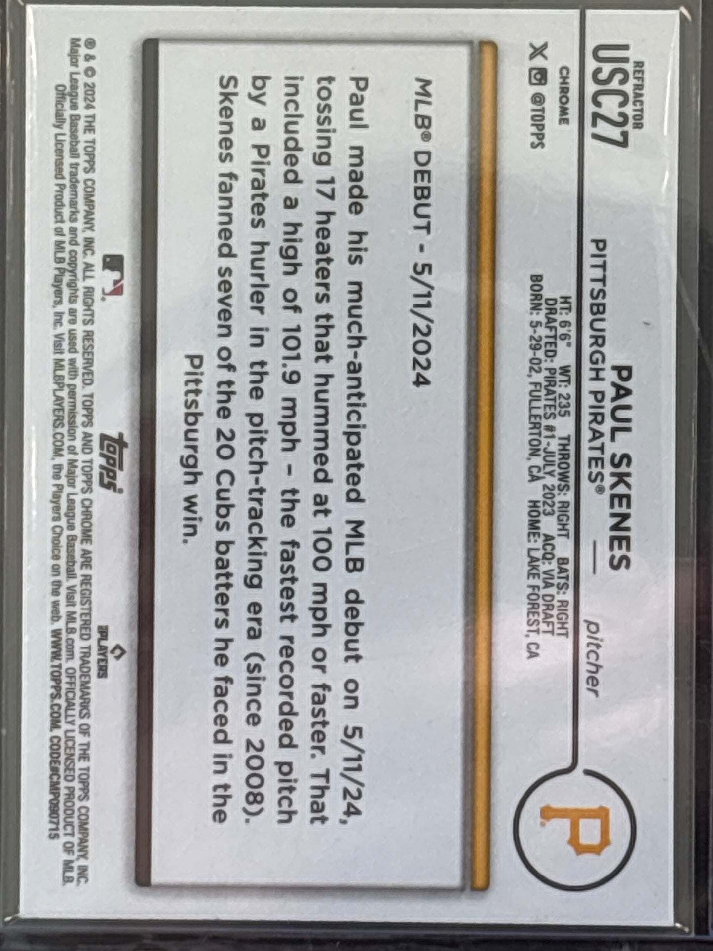 2024 Topps Chrome Update Paul Skenes #USC27 Mint Rookie RC