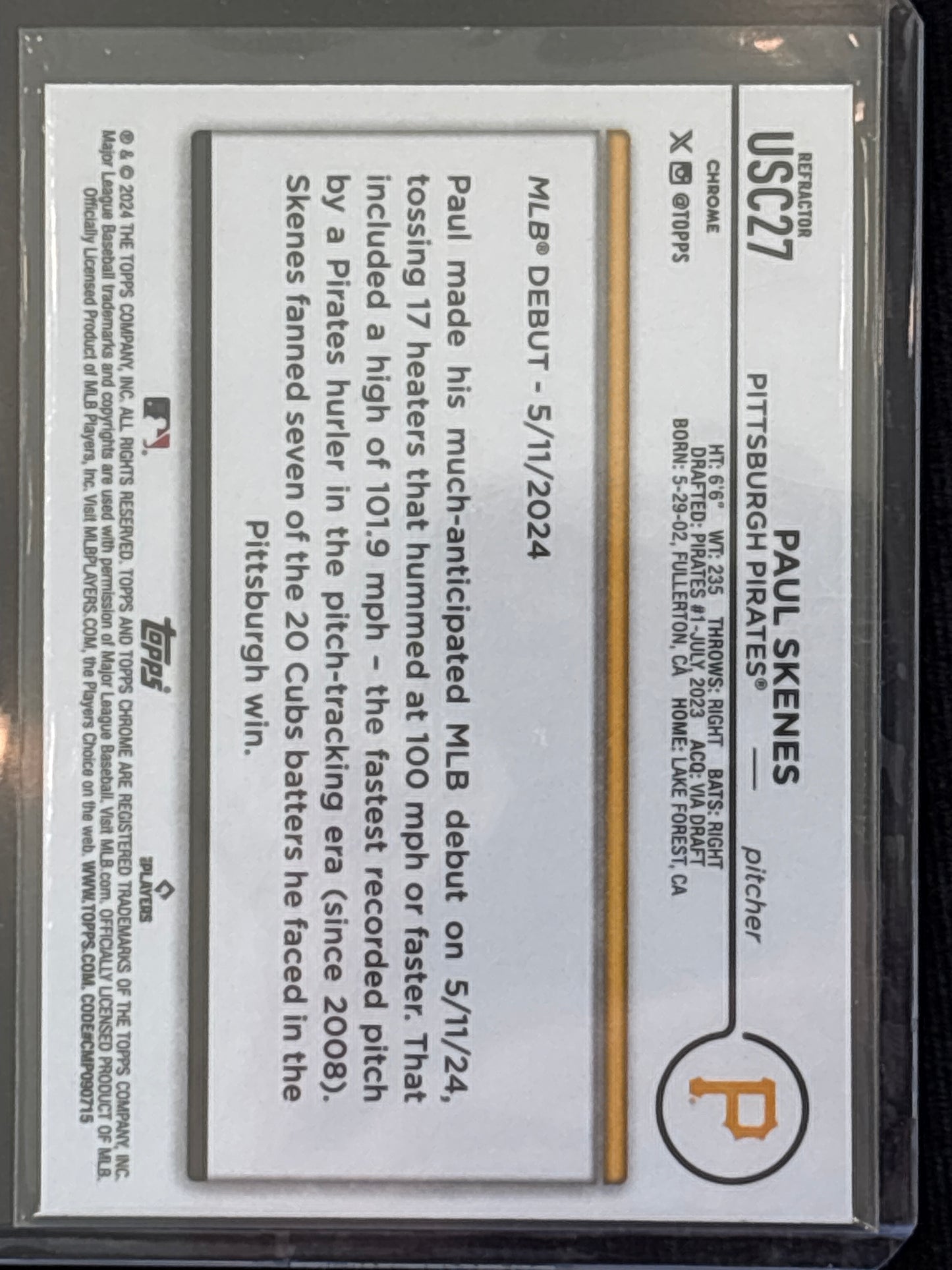 2024 Topps Chrome Update Series Paul Skenes #USC27 Mint Rookie RC