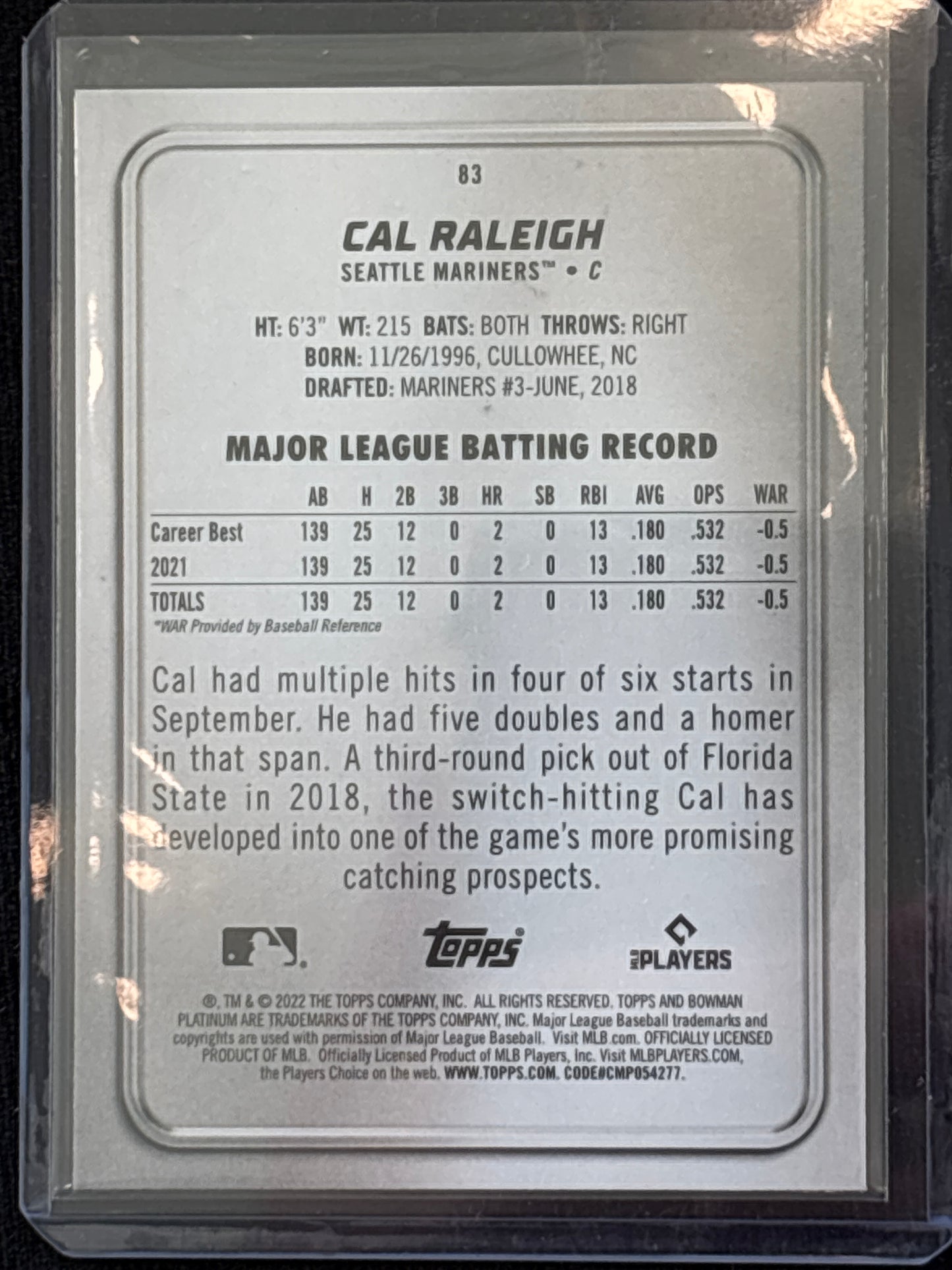 2022 Topps Bowman Platinum Cal Raleigh #83 Rookie RC