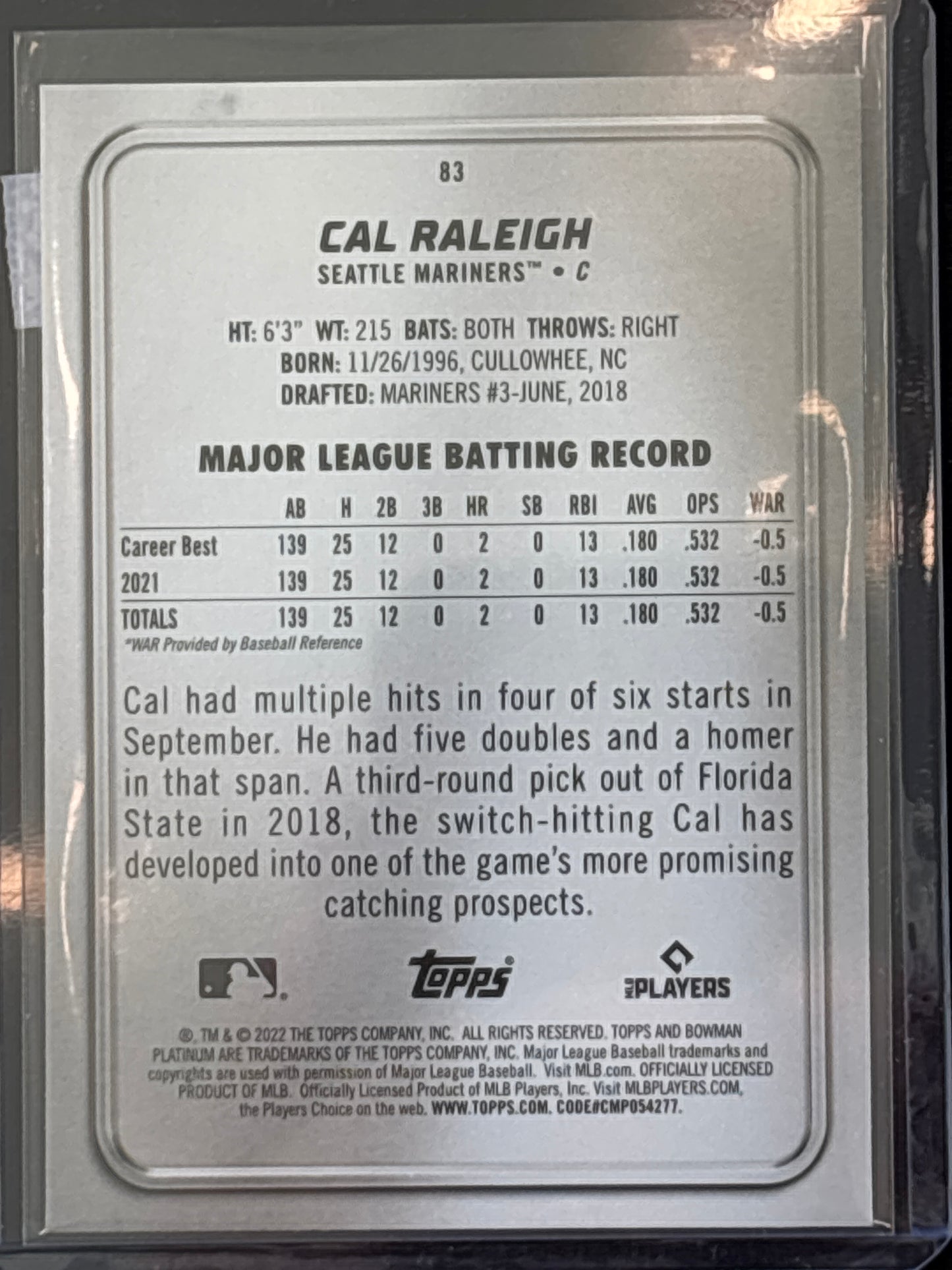 2022 Topps Bowman Platinum Cal Raleigh #83 Rookie RC