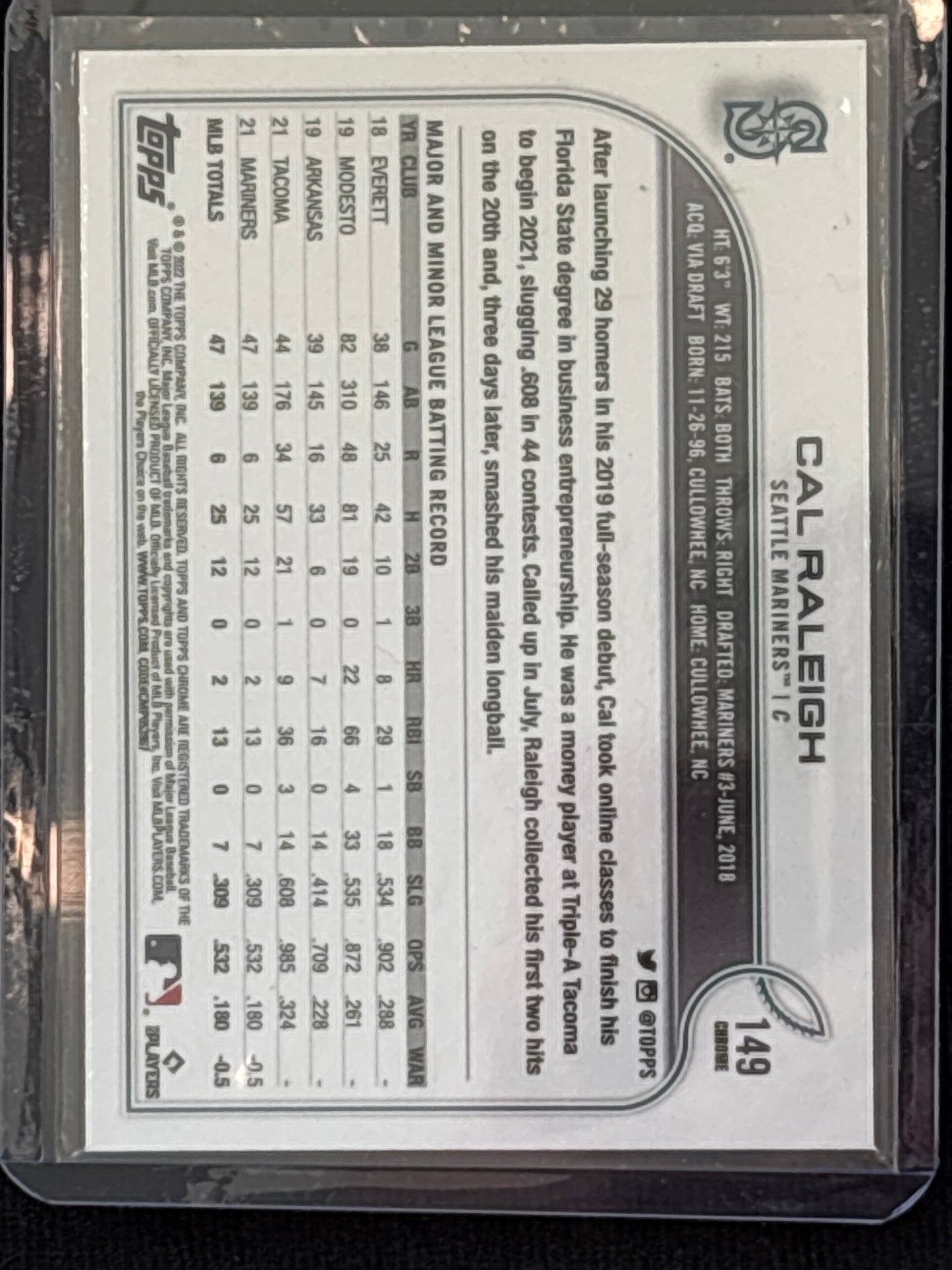 2022 Topps Chrome Cal Raleigh #149 Nicely Centered Rookie RC