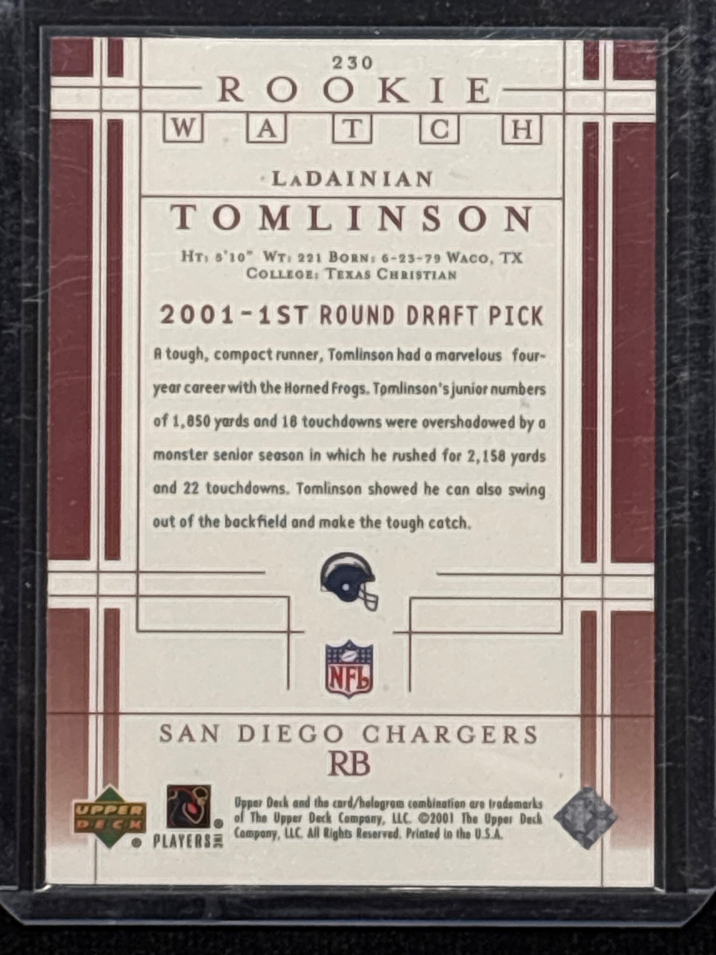 2001 Upper Deck Rookie Watch LaDainian Tomlinson #230 HOF Mint /