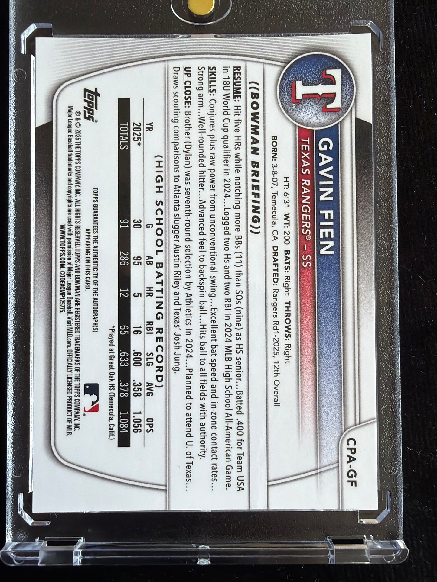 2025 Bowman Chrome Gavin Fien #CPA-GF Green Lunar Refractor /199 1st Bowman