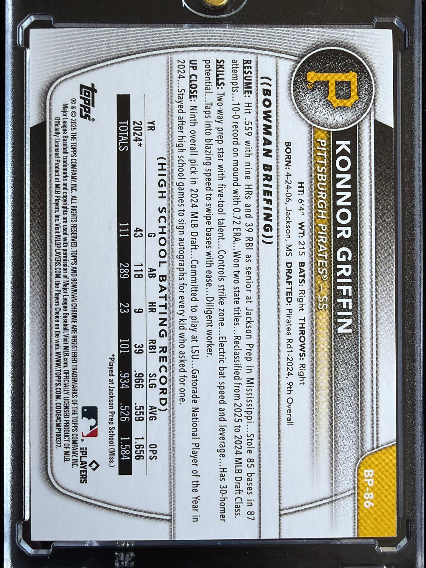 2025 Topps Bowman Chrome Konnor Griffin #BP-86 Yellow Paisley /75