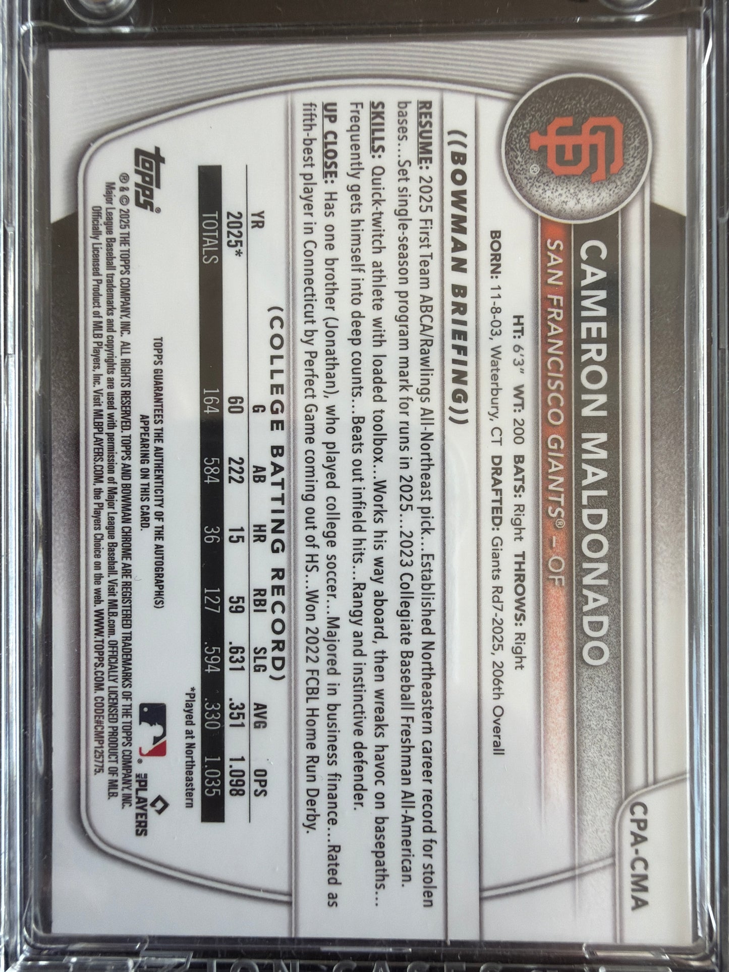 2025 Bowman Chrome Cameron Maldonado #CPA-CMA Yellow Refractor /75 1st Bowman