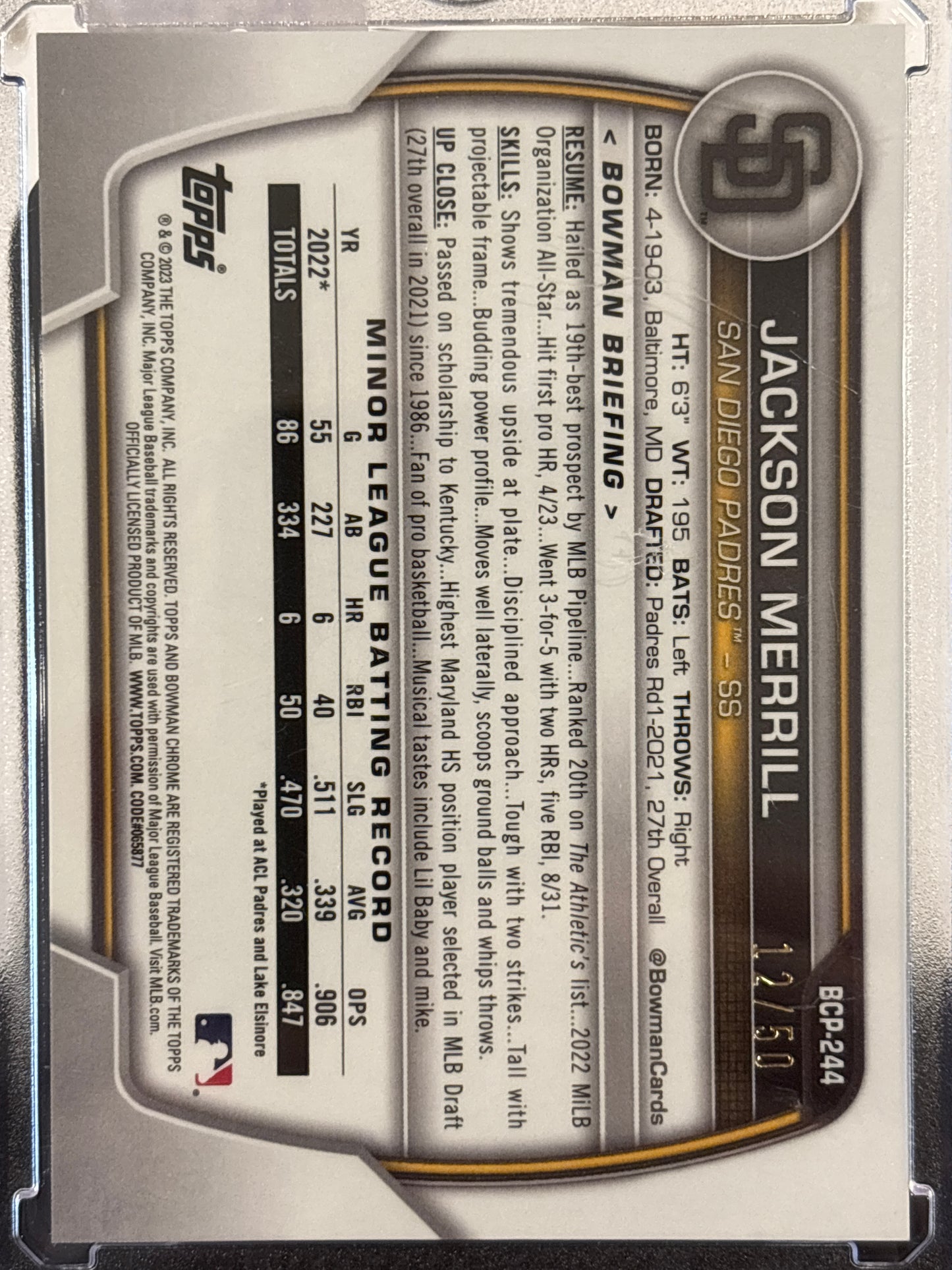 2023 Bowman Chrome Jackson Merrill #BCP-244 Gold Refractor