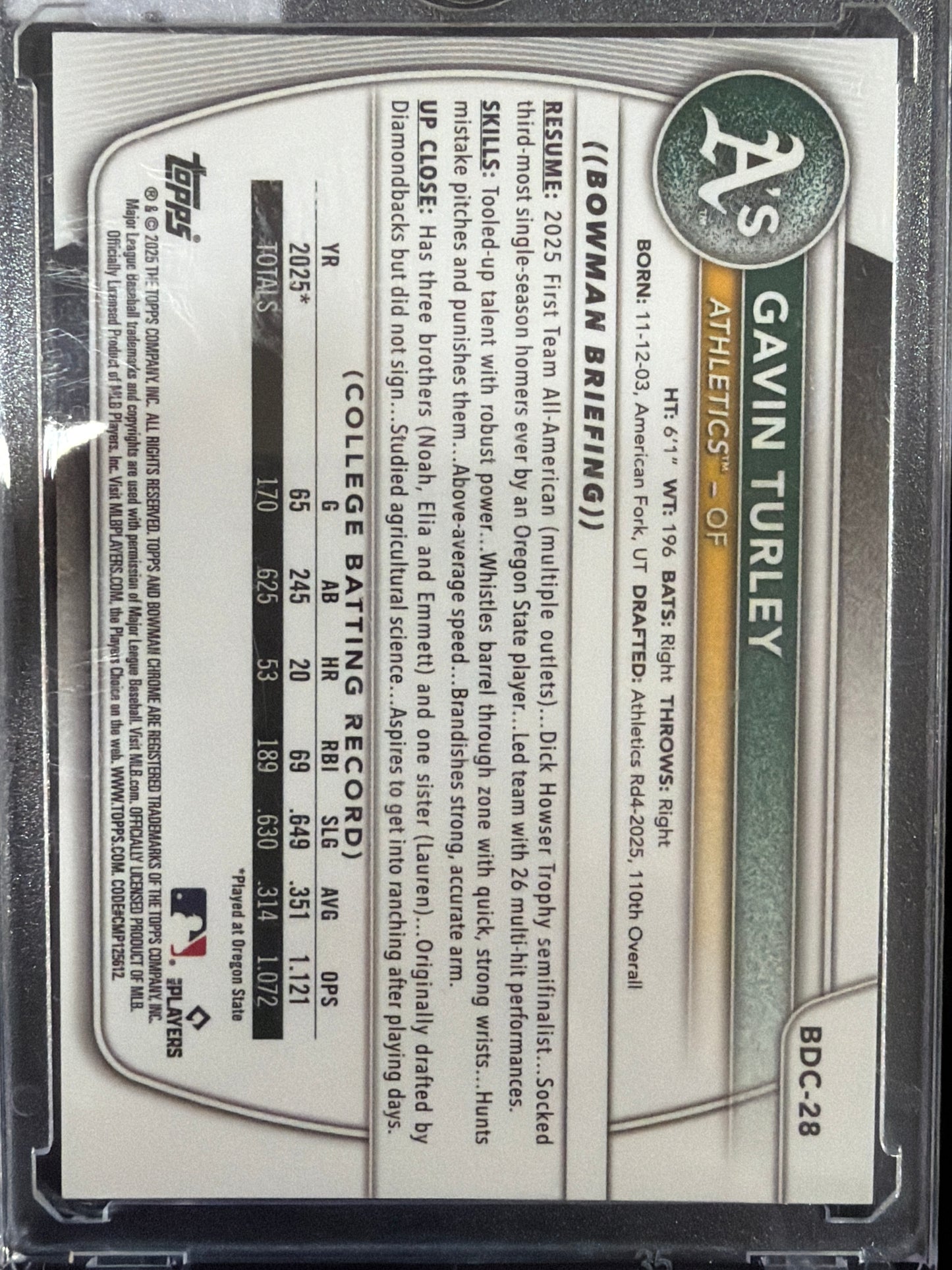 2025 Bowman Draft Gavin Turley #BDC-28 Sunflower seed.
