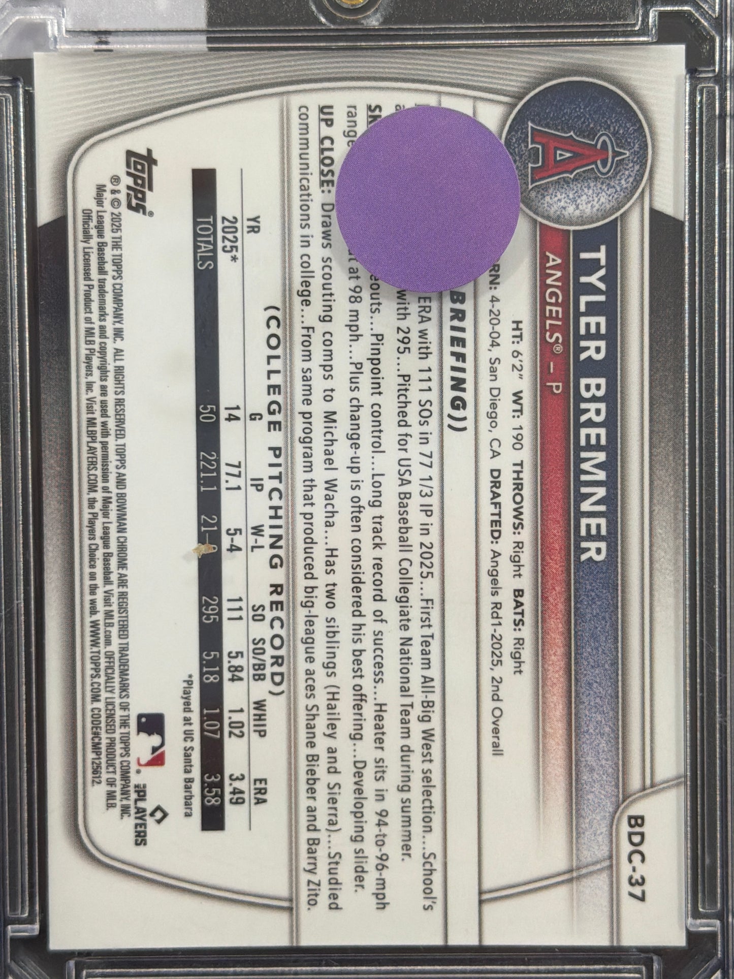 2025 Topps Bowman Chrome Tyler Bremner #BDC-37 Green Shimmer Refractor /99