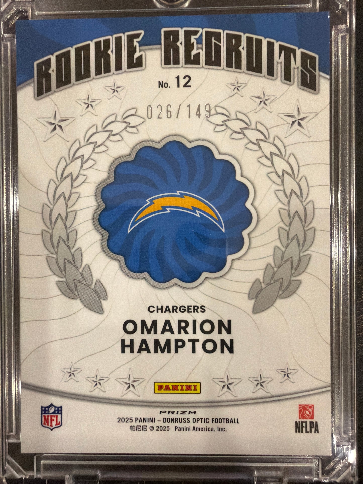 2025 Panini Donruss Optic Rookie Recruits Omarion Hampton #12 Blue Prizm /149 RC
