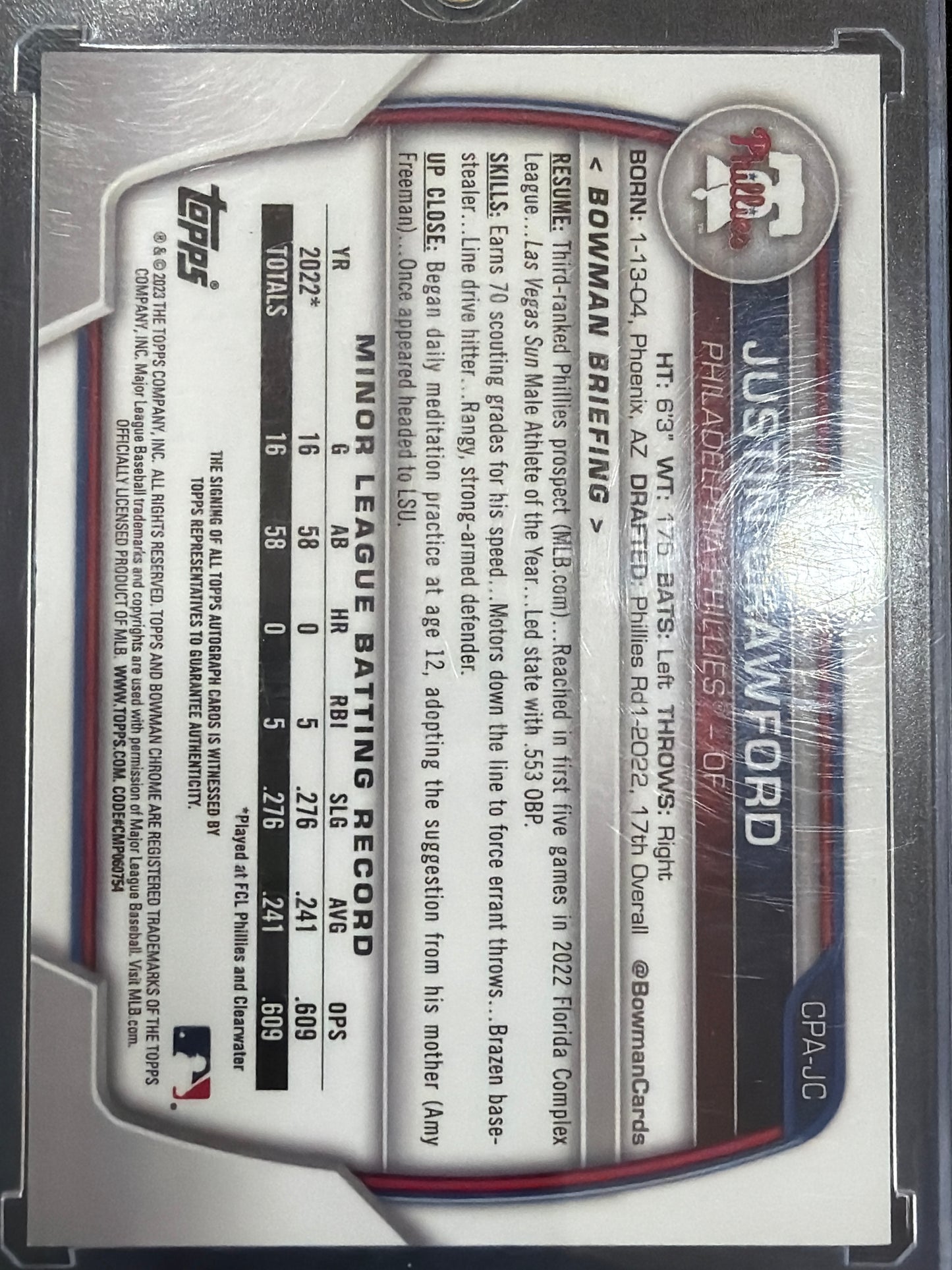 2023 Topps Bowman Chrome Justin Crawford #CPA-JC 1st Bowman