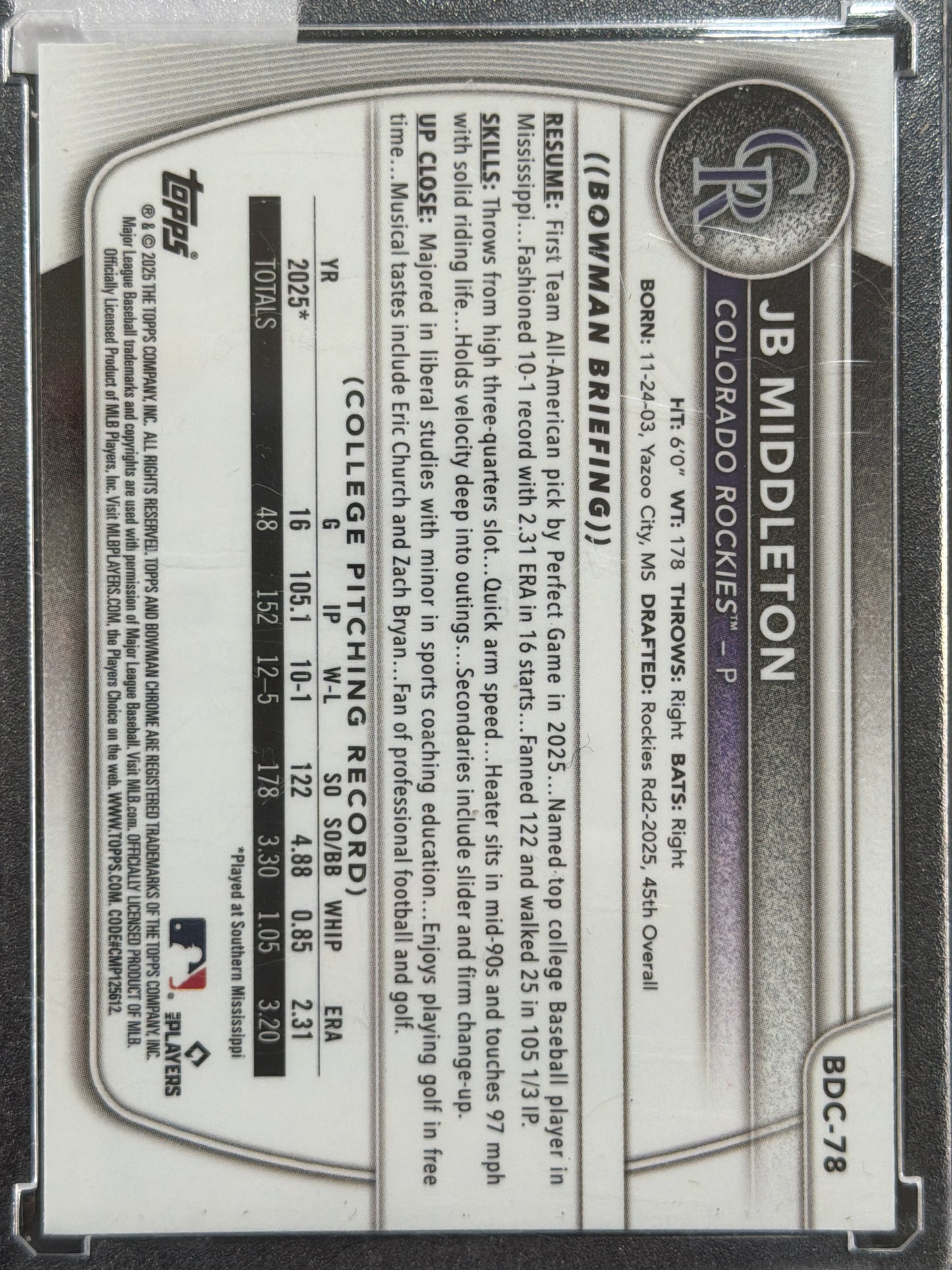 2025 Bowman Chrome JB Middleton #BDC-78 Green Grass Refractor /99