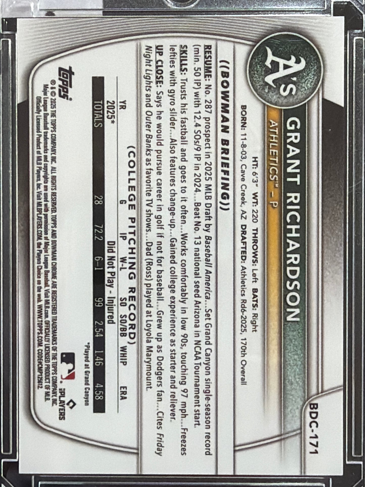 2025 Topps Bowman Chrome Grant Richardson #BDC-171 Gold Refractor /50 1st Bowman