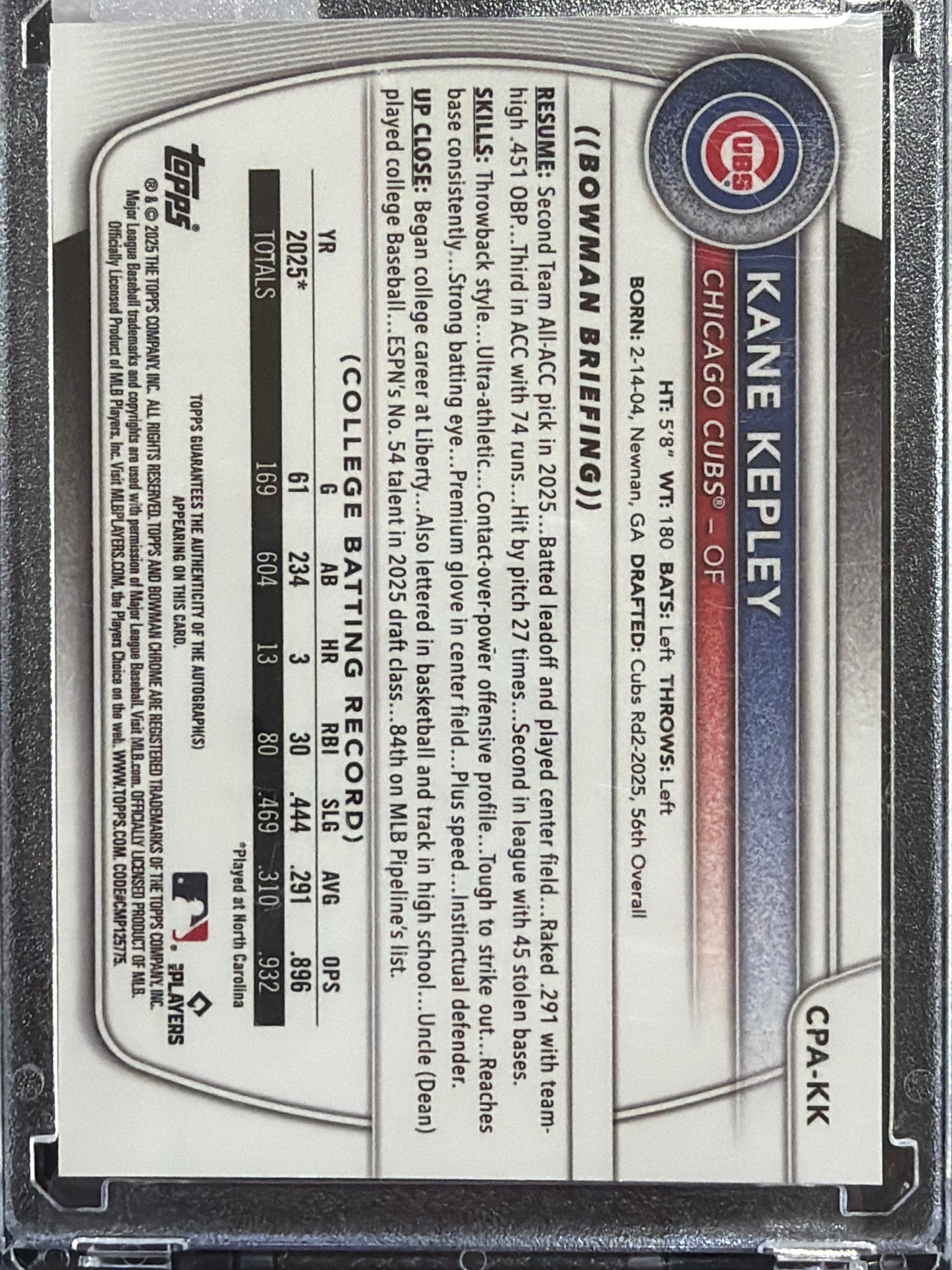 2025 Bowman Chrome Kane Kepley #CPA-KK 1st Bowman