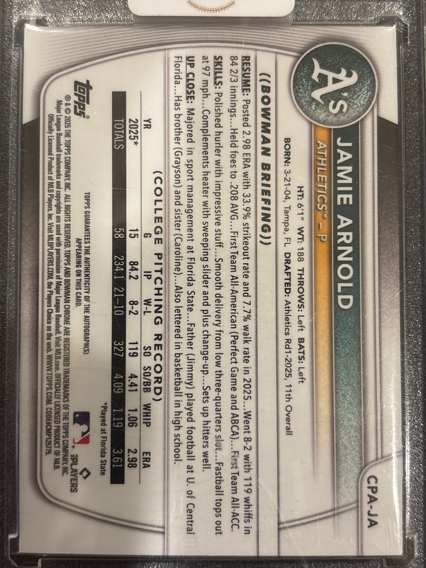 2025 Topps Bowman Chrome Jamie Arnold #CPA-JA Gold Shimmer Refractor /50
