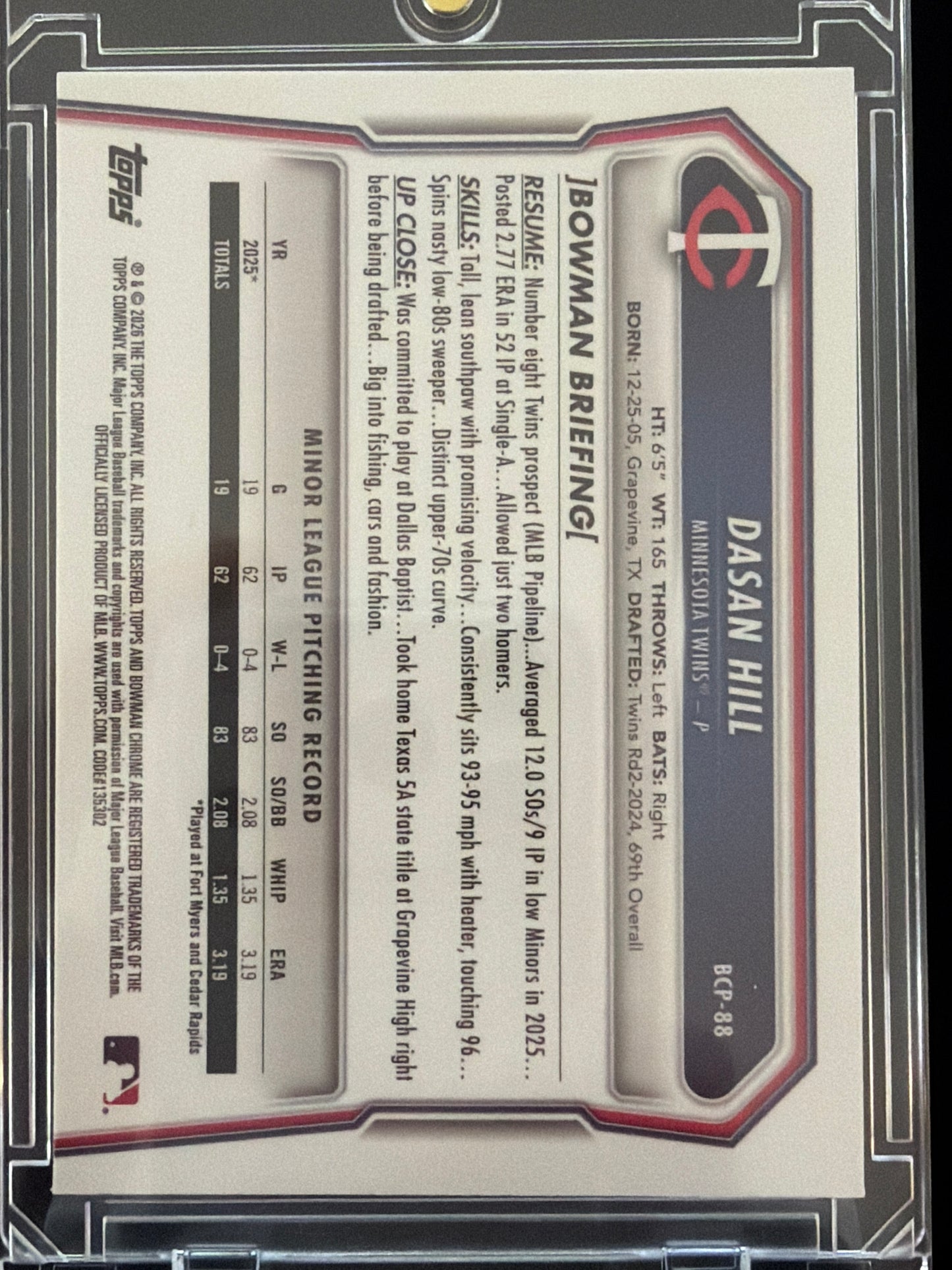 2024 Bowman Chrome Dasan Hill #BCP-88 Green Lunar Refractor /125 1st Bowman