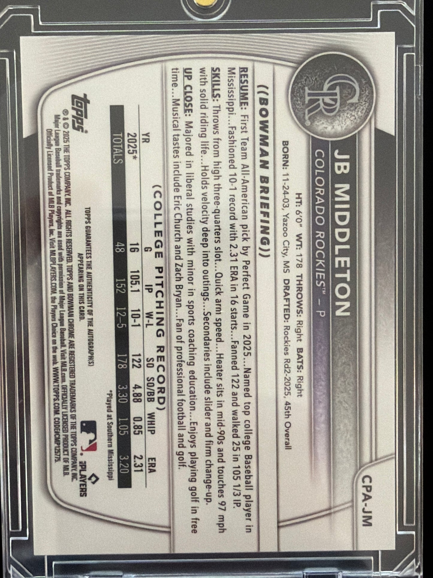 2023 Bowman Chrome JB Middleton #CPA-JM Refractor
