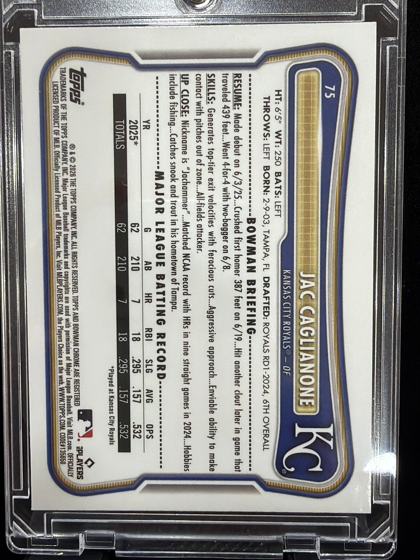 2025 Topps Bowman Chrome Jac Caglianone #75 Refractor RC