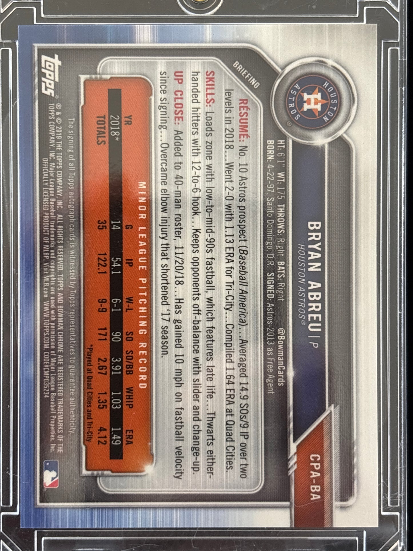 2019 Topps Bowman Chrome Bryan Abreu #CPA-BA Yellow Mojo Refractor /150