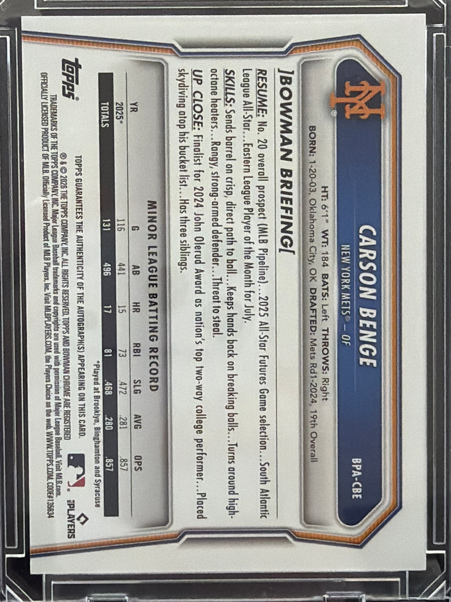 2024 Bowman Draft Carson Benge #BPA-CBE Blue /150
