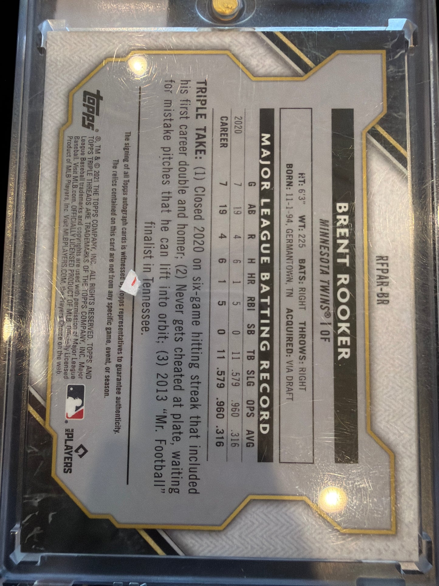 2021 Topps Triple Threads Brent Rooker #RFPAR-BR /10 RC Game-Used Memorabilia