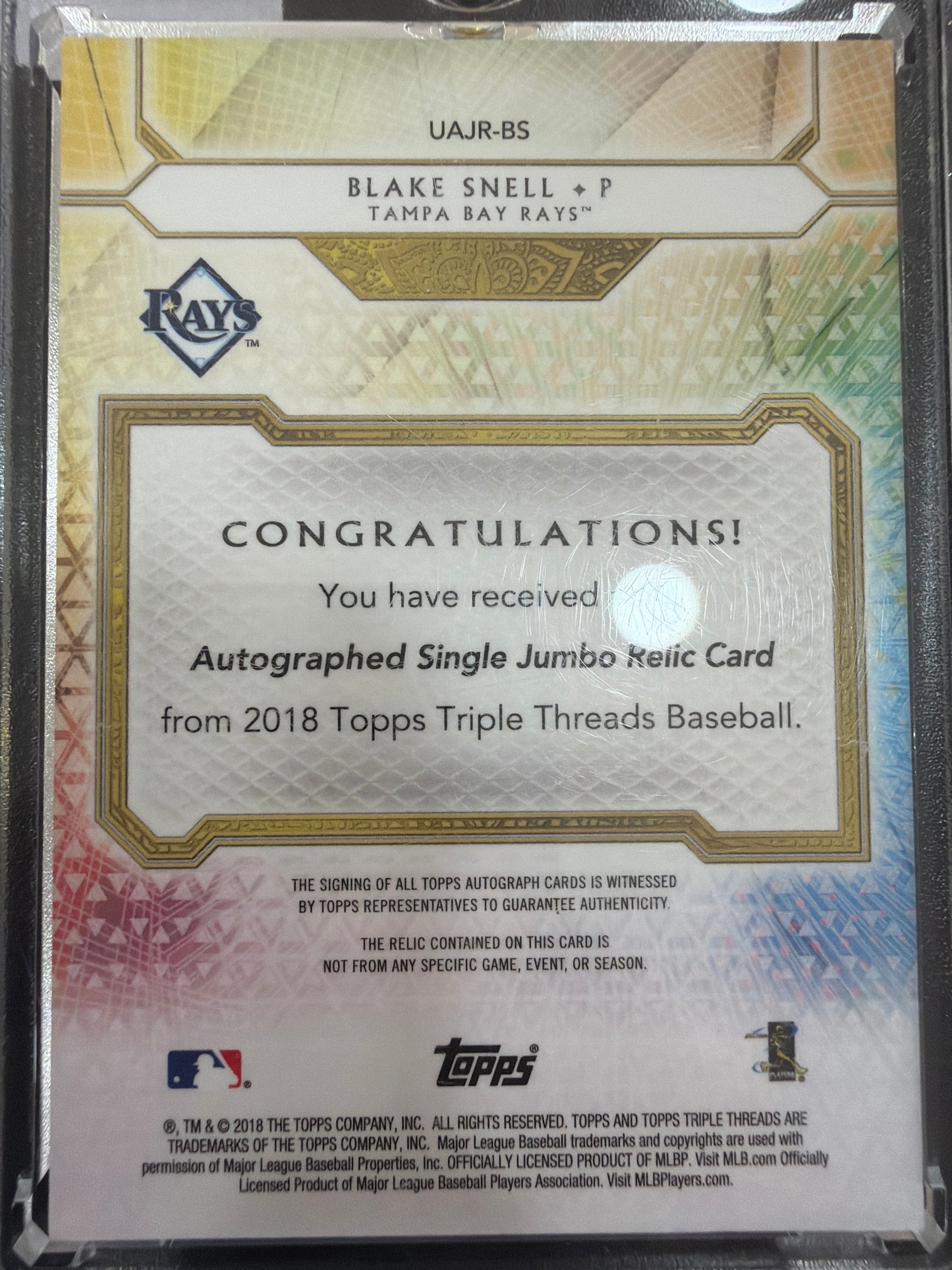 2018 Topps Blake Snell /99 Auto Single Jumbo Relic Card Game-Used Memorabilia