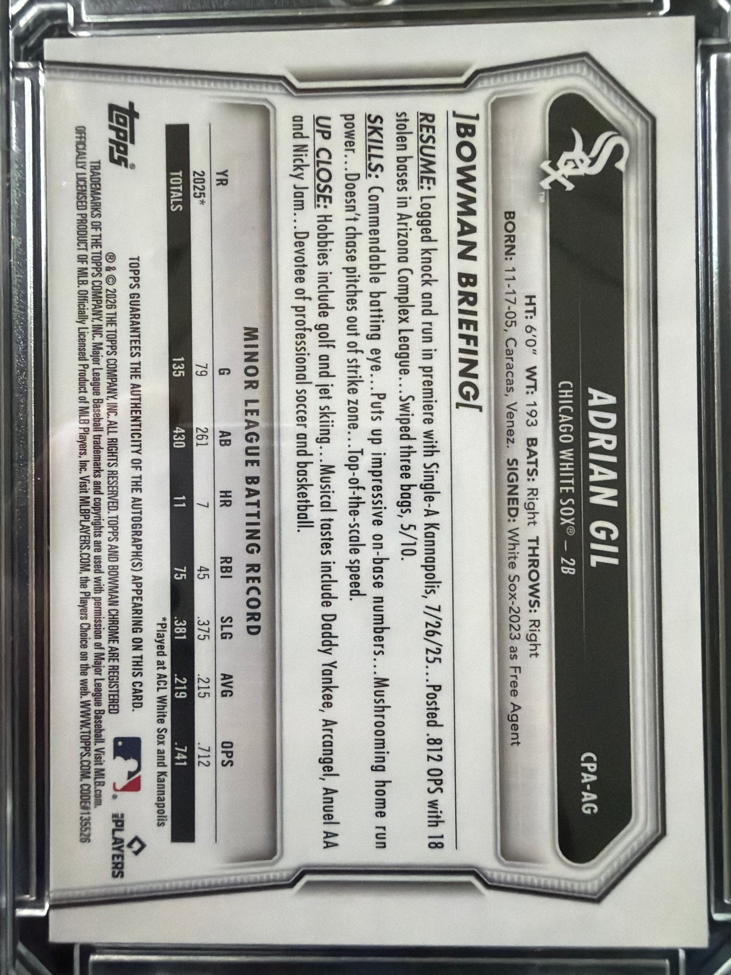 2024 Bowman Chrome Adrian Gil #CPA-AG Speckle Refractor /299 1st Bowman