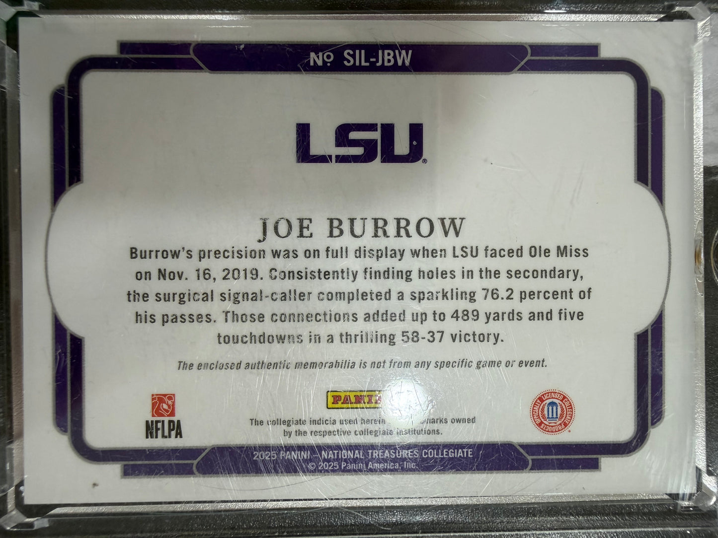 2025 Panini National Treasures Collegiate Joe Burrow #SIL-JBW Memorabilia