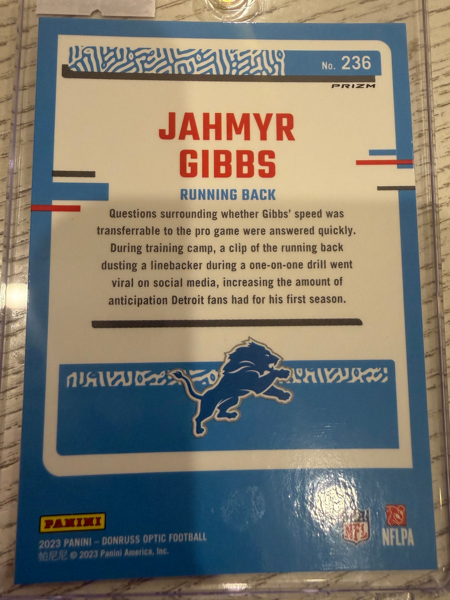 2023 Panini Donruss Optic Prizm Jahmyr Gibbs #236 Blue Velocity