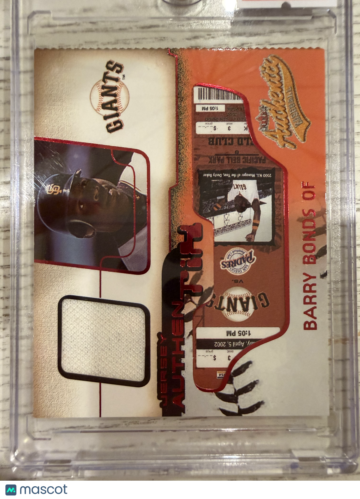 2002 Fleer Authentix Barry Bonds #JA-BB RIPPED Game-worn jersey