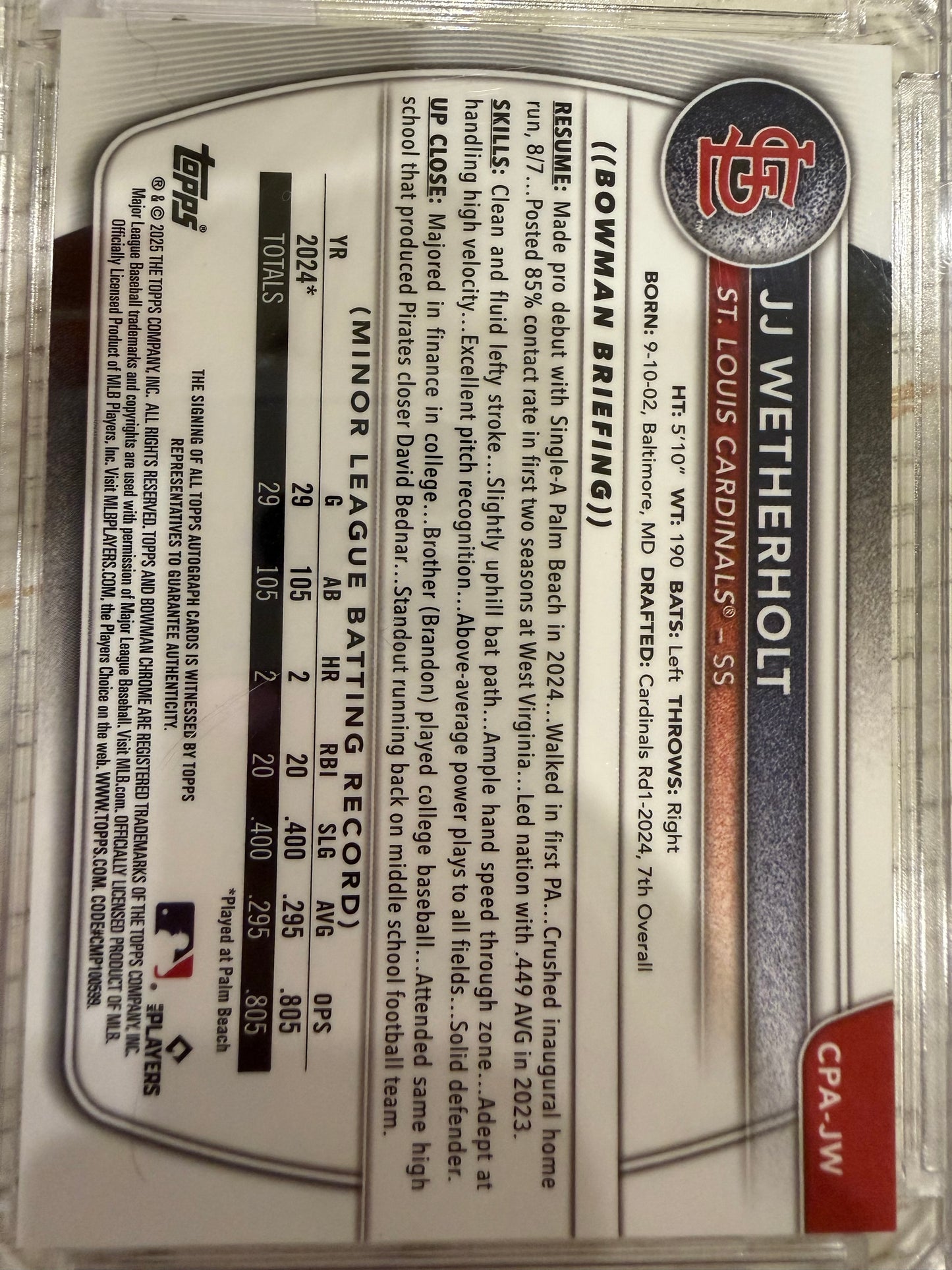 2024 Bowman Chrome JJ Wetherholt #CPA-JW Speckle Refractor /299 1st Bowman