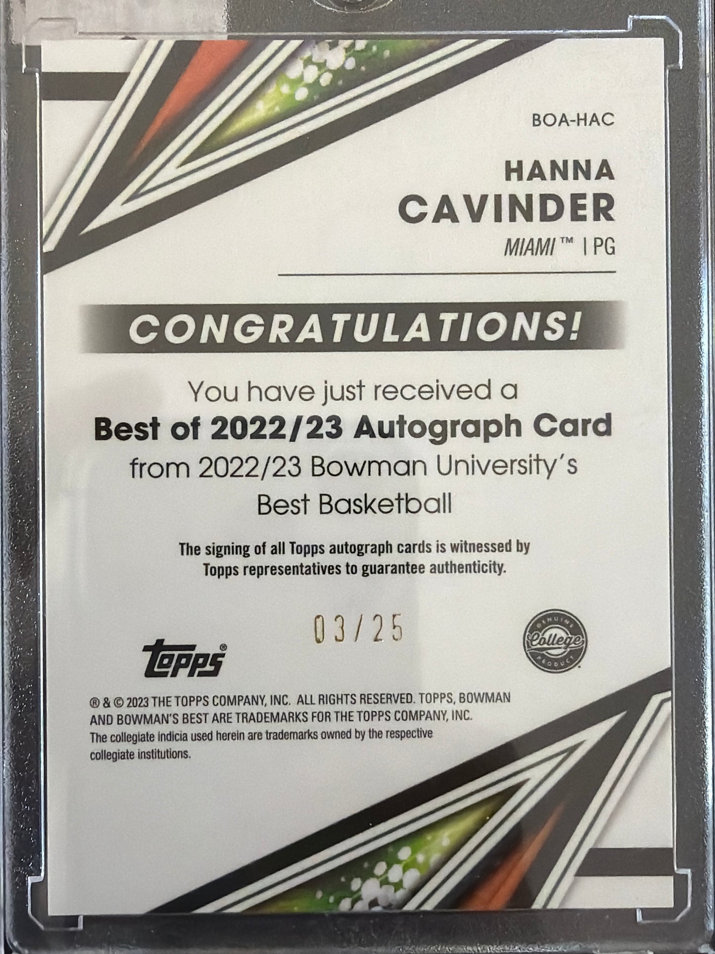 2023 Bowman University Best Hanna Cavinder #BOA-HAC Speckle Refractor /25