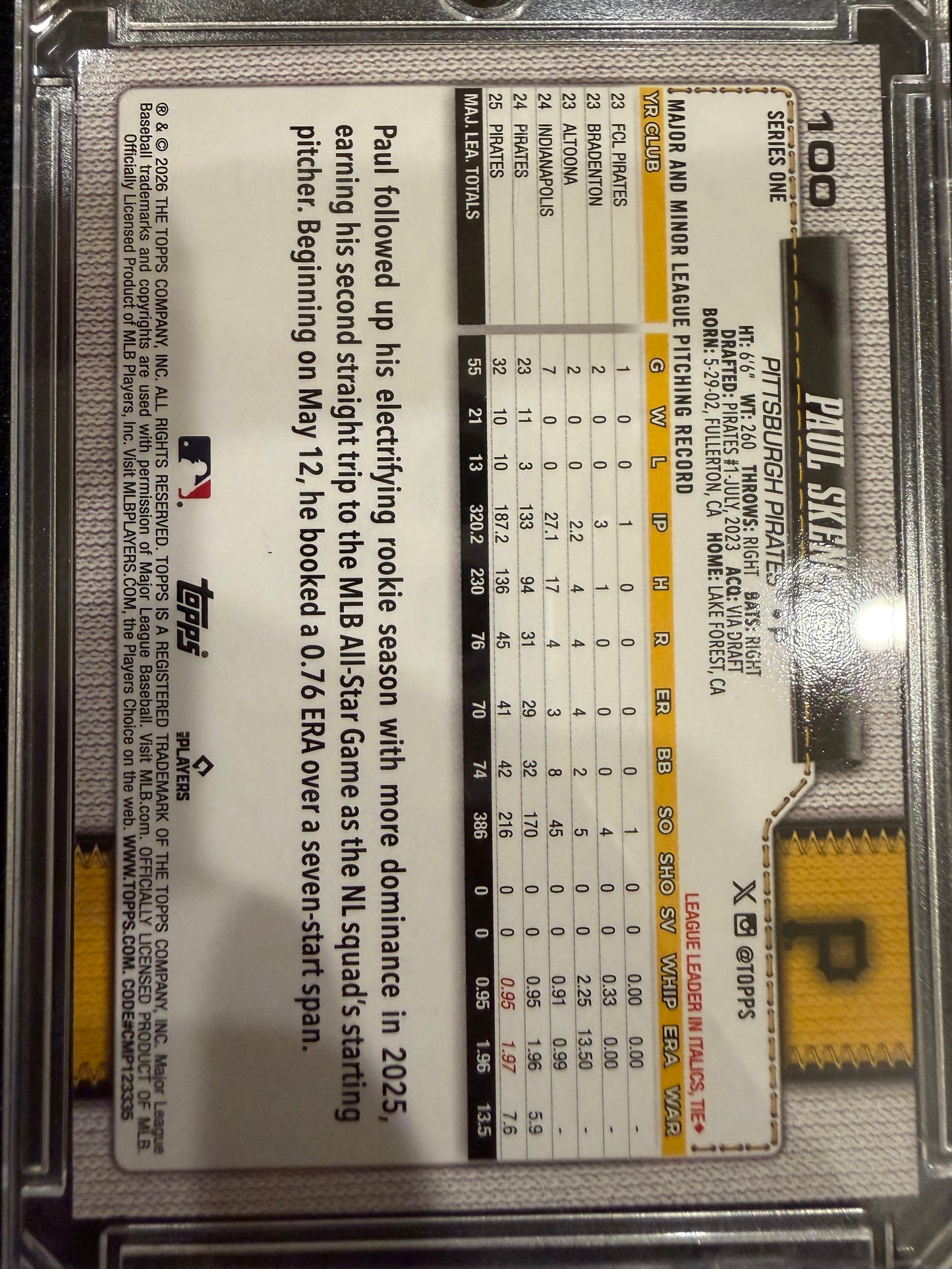 2026 Topps Series One Paul Skenes #100 Yellow Team Pattern