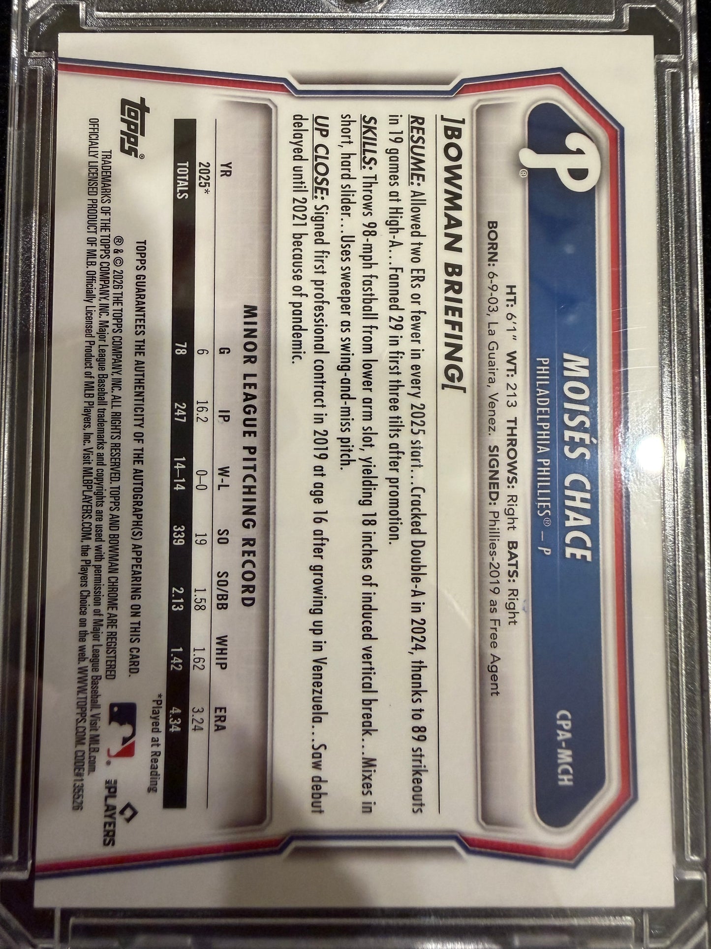 2025 Bowman Chrome Moisés Chace #CPA-MCH Speckle Refractor /100 1st Bowman