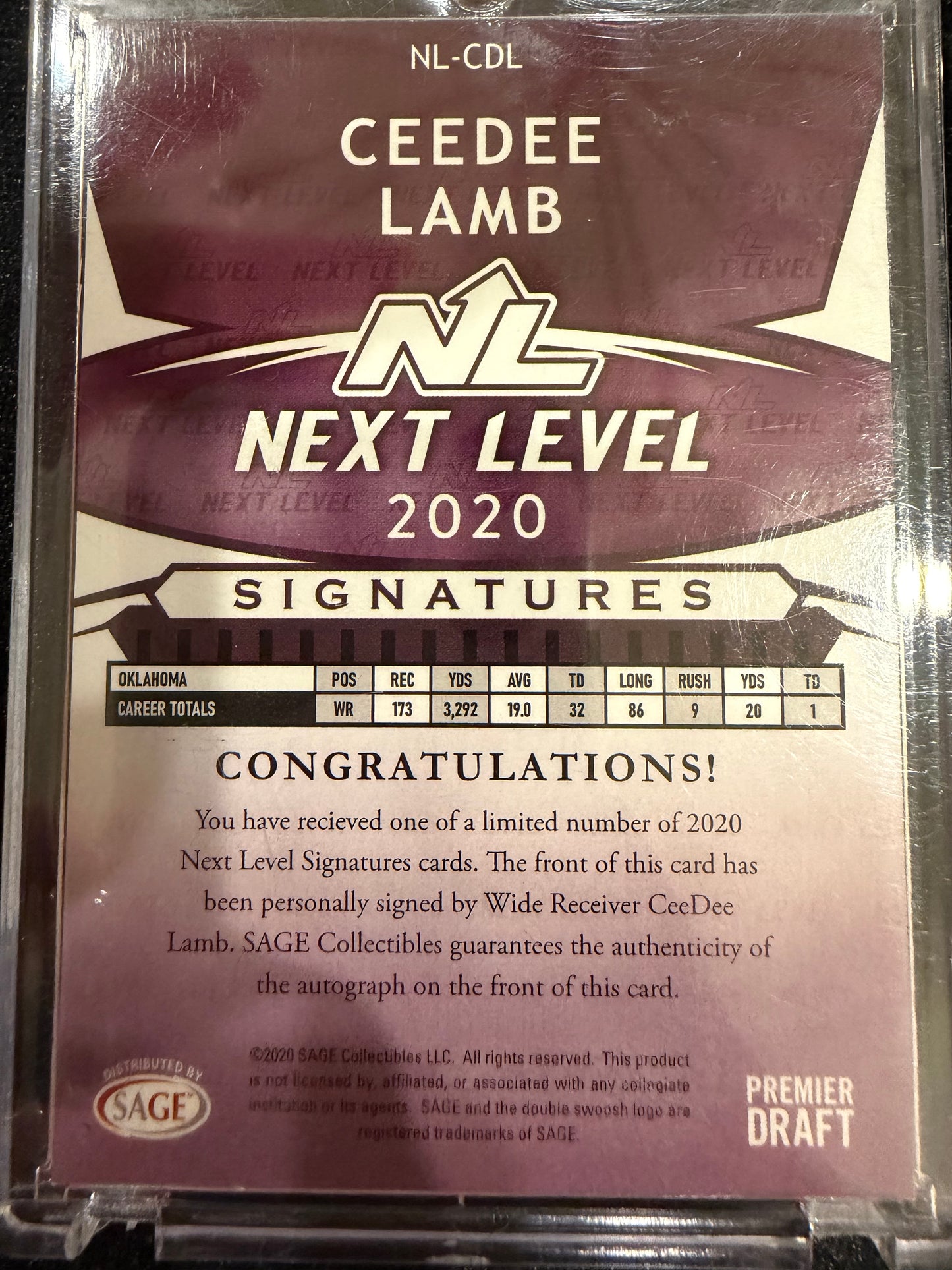 2020 SAGE Next Level Signatures Premier Draft CeeDee Lamb #NL-CDL