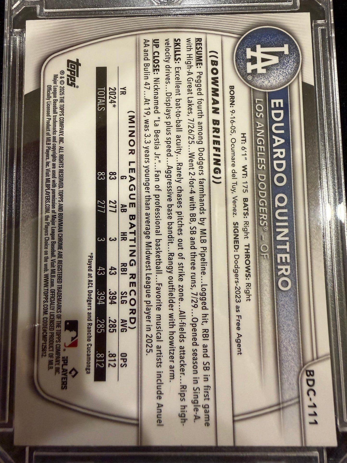 2025 Topps Bowman Chrome Eduardo Quintero #BDC-111 Pink Mojo Refractor /199